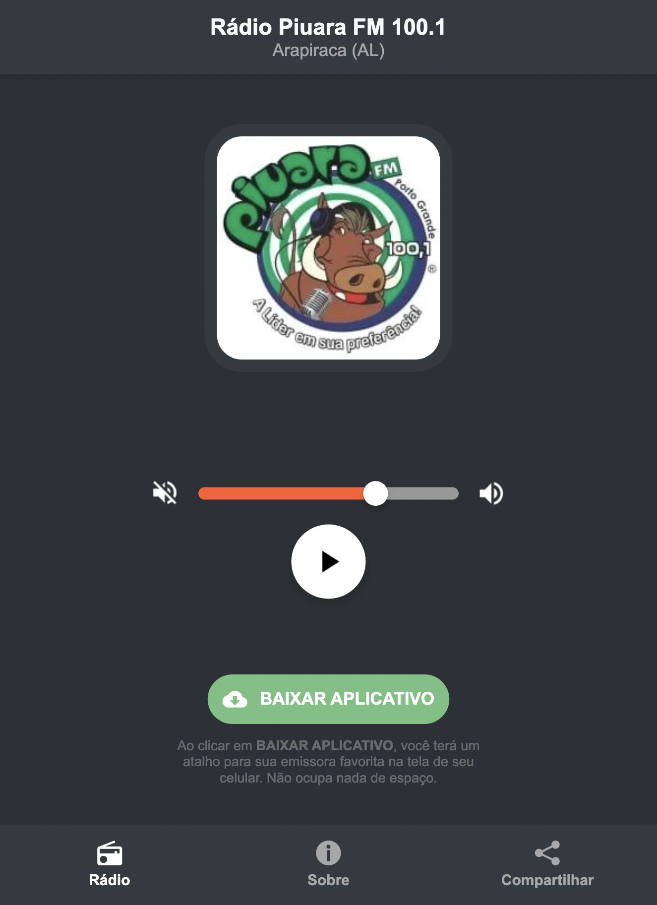 Screenshot do aplicativo da Rádio Piuara FM 100.1