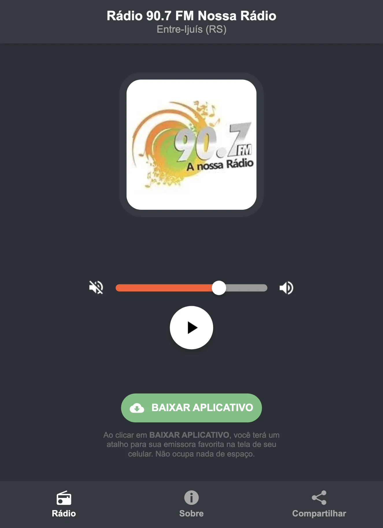 Screenshot do aplicativo da Rádio 90.7 FM Nossa Rádio