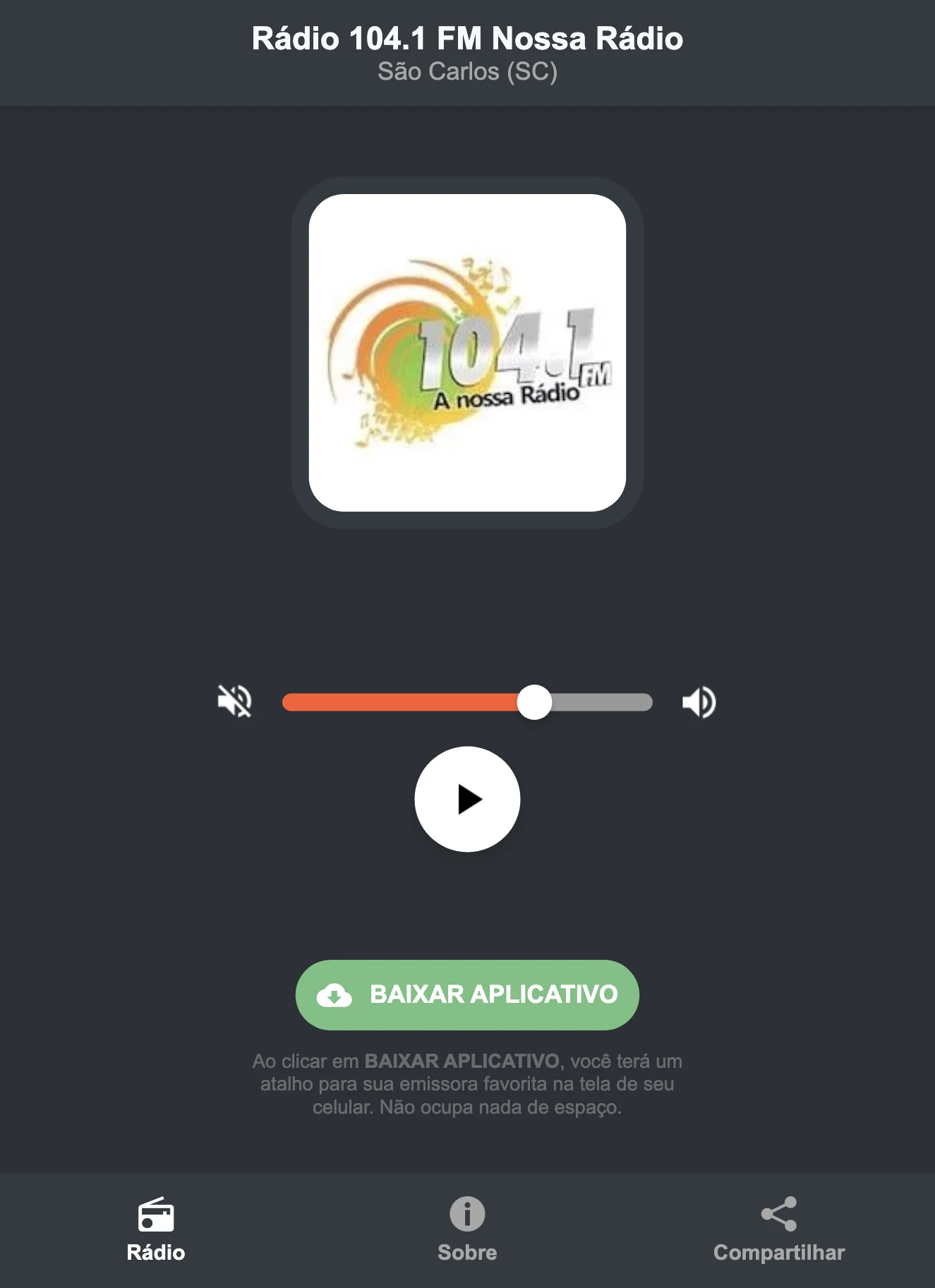 Screenshot do aplicativo da Rádio 104.1 FM Nossa Rádio