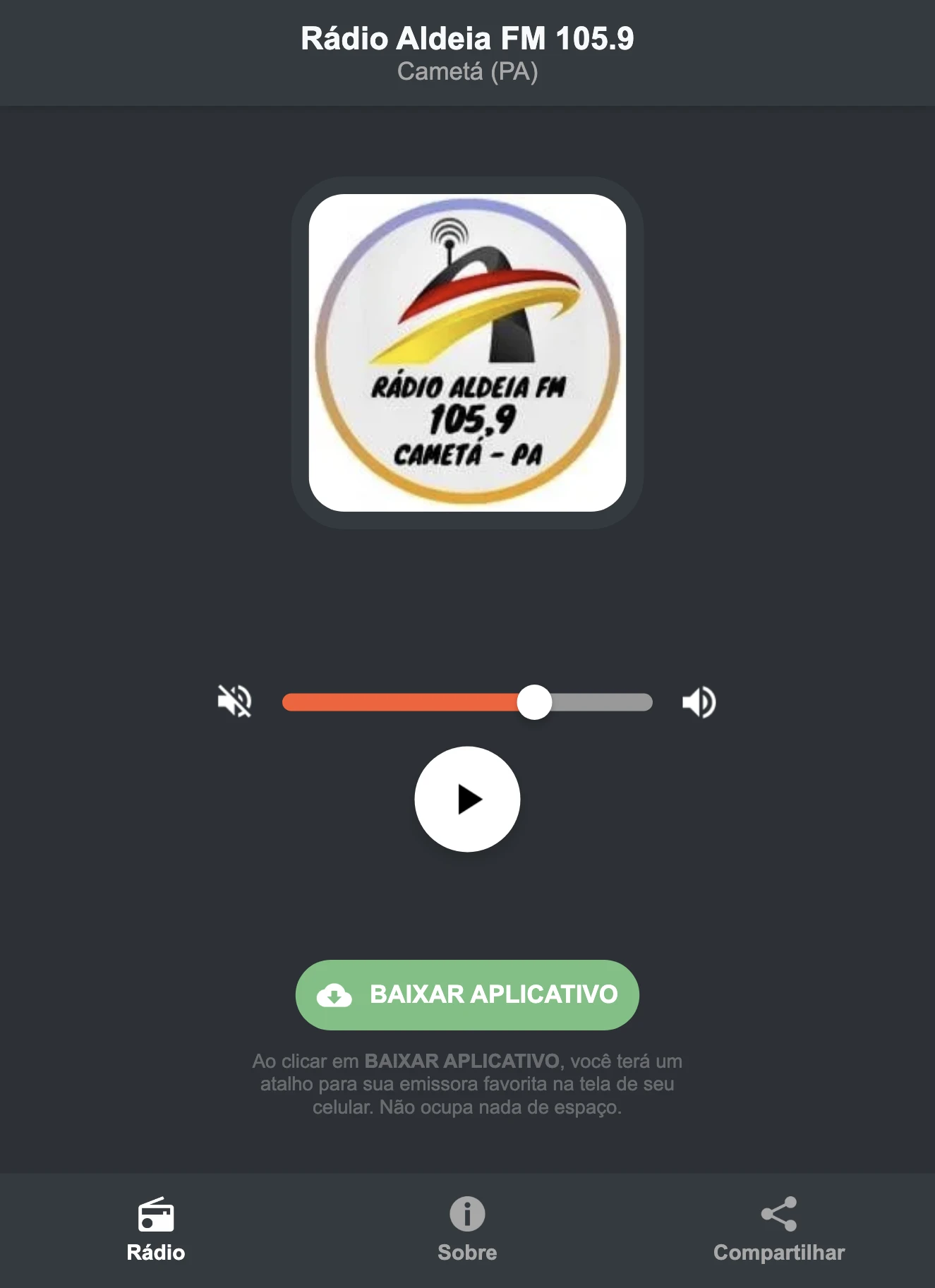 Screenshot do aplicativo da Rádio Aldeia FM 105.9