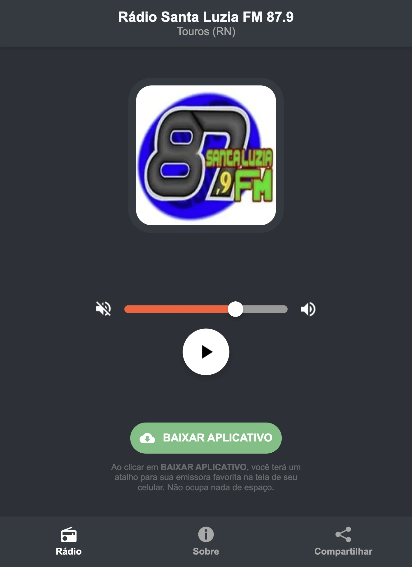 Screenshot do aplicativo da Rádio Santa Luzia FM 87.9