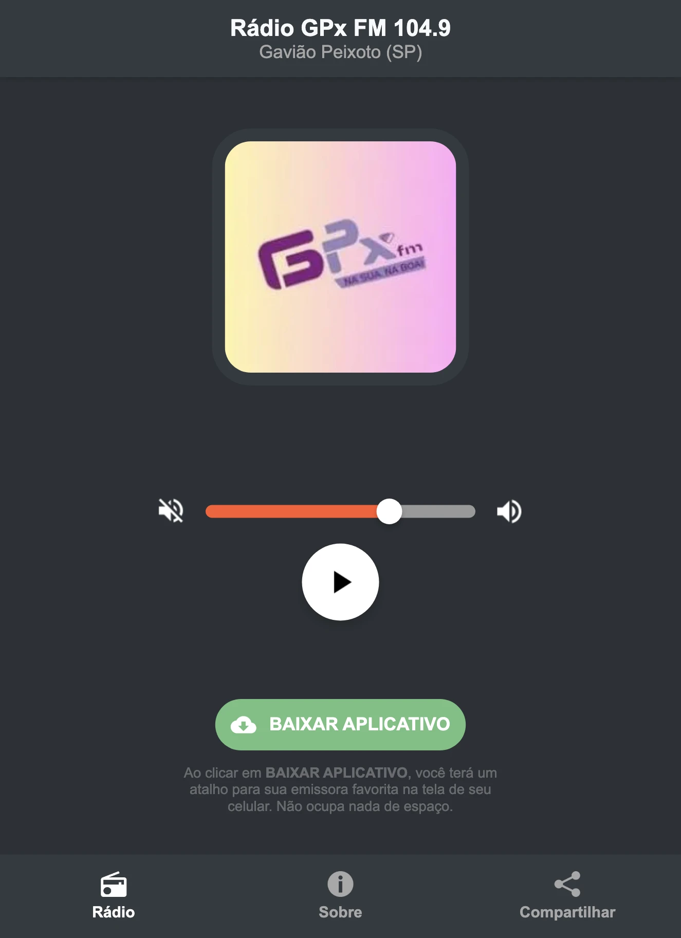 Screenshot do aplicativo da Rádio GPx FM 104.9
