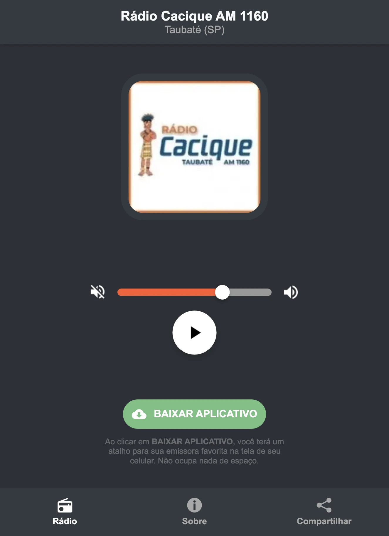 Screenshot do aplicativo da Rádio Cacique AM 1160