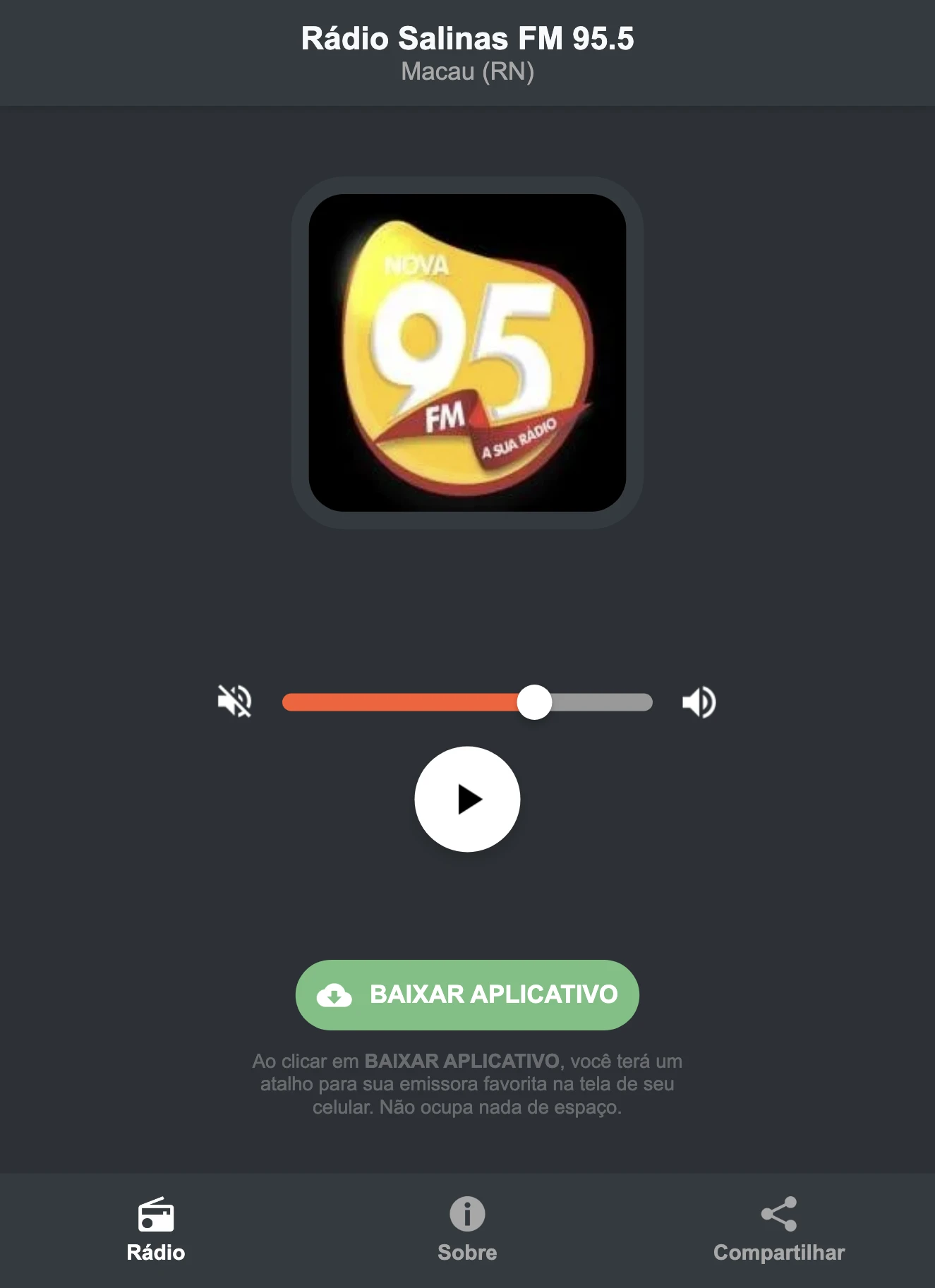 Screenshot do aplicativo da Rádio Salinas FM 95.5