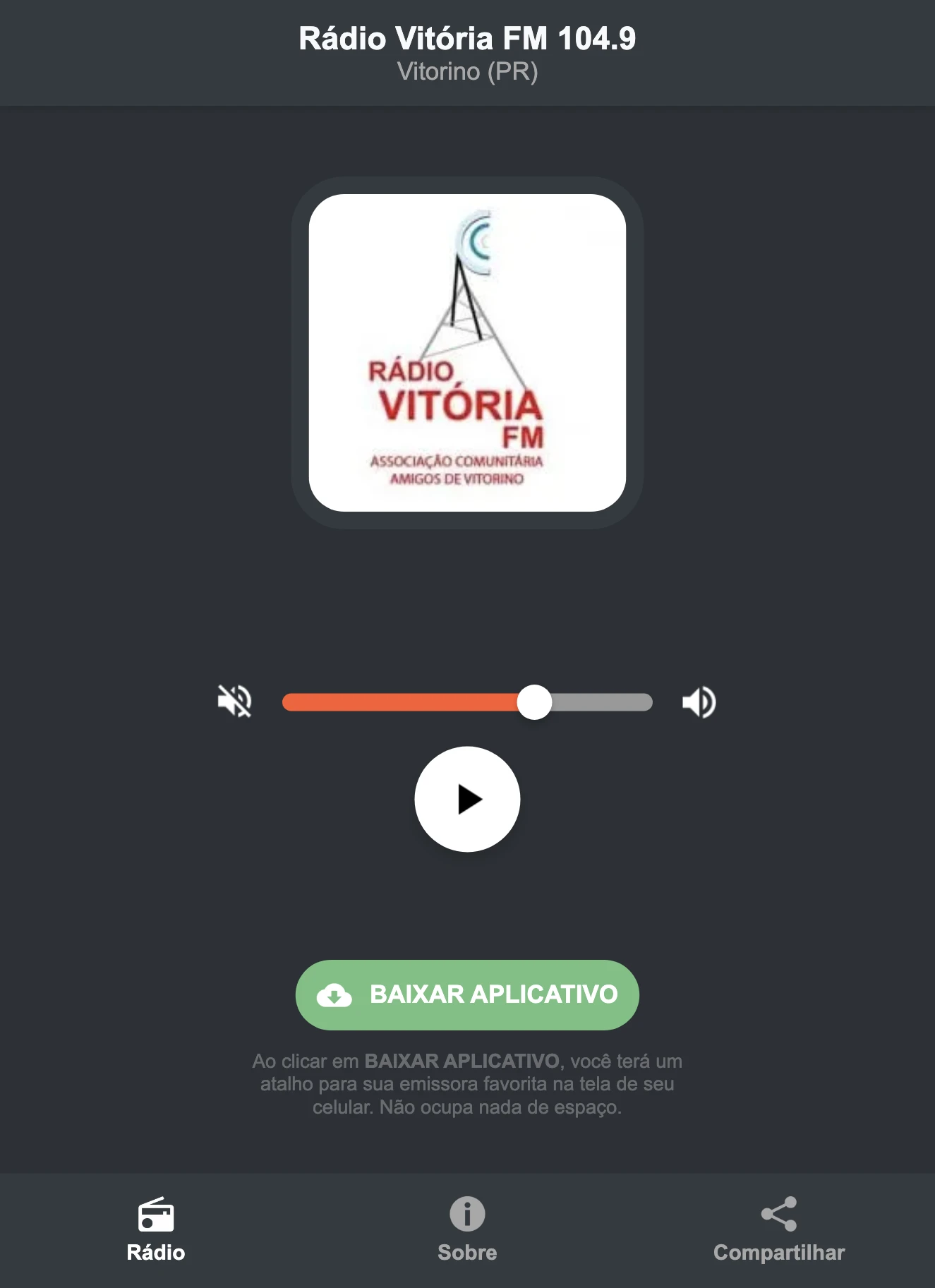 Screenshot do aplicativo da Rádio Vitória FM 104.9