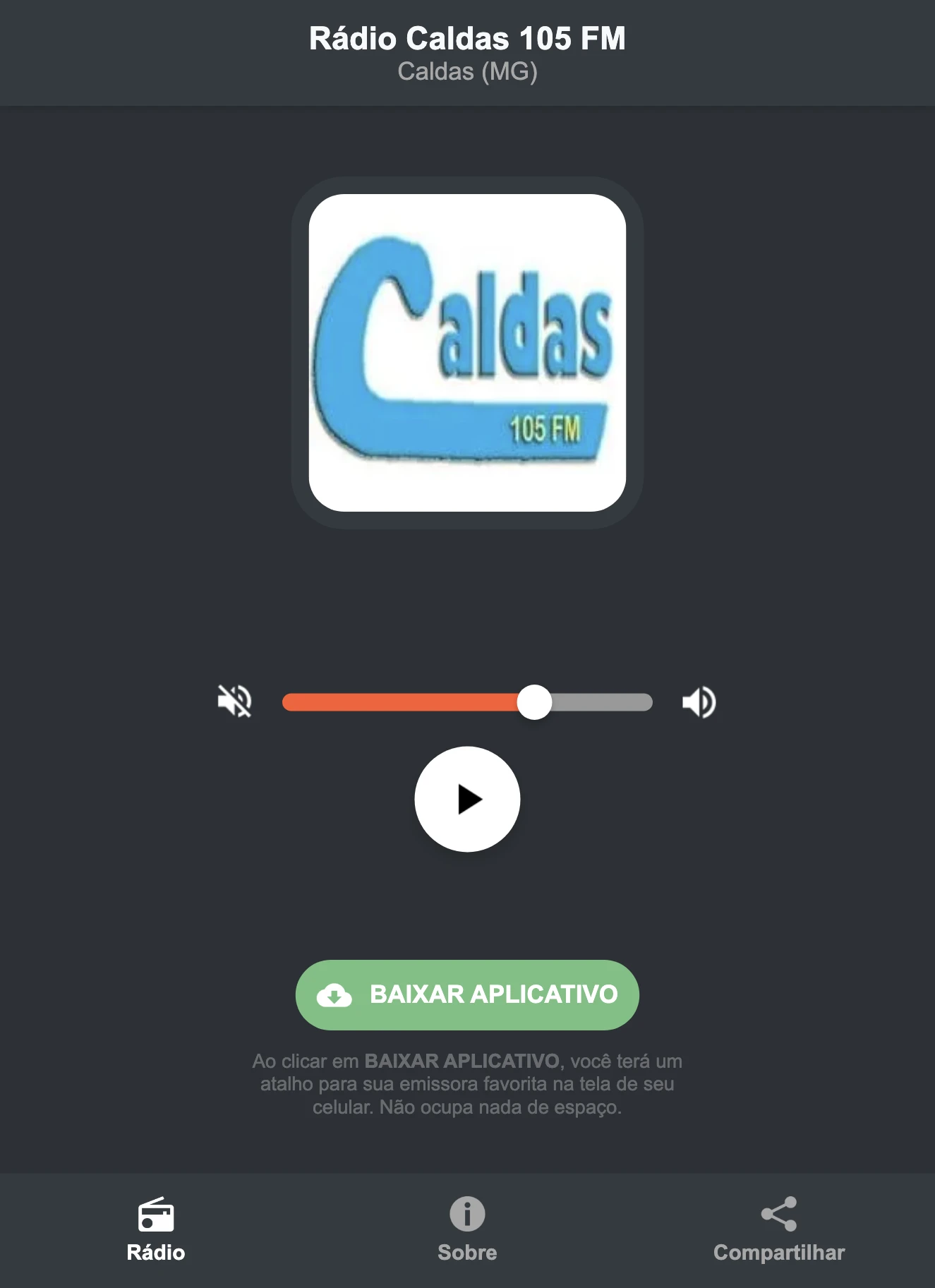 Screenshot do aplicativo da Rádio Caldas 105 FM