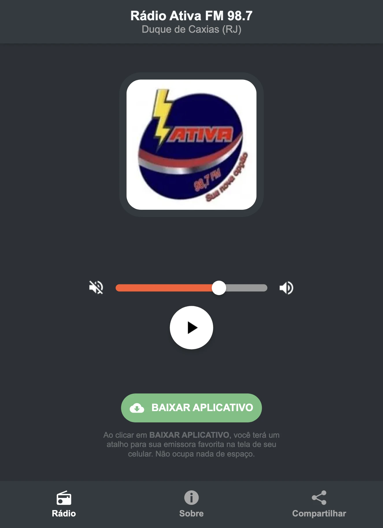 Screenshot do aplicativo da Rádio Ativa FM 98.7