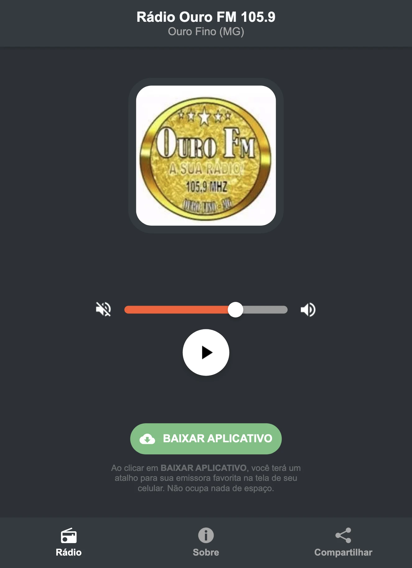 Screenshot do aplicativo da Rádio Ouro FM 105.9