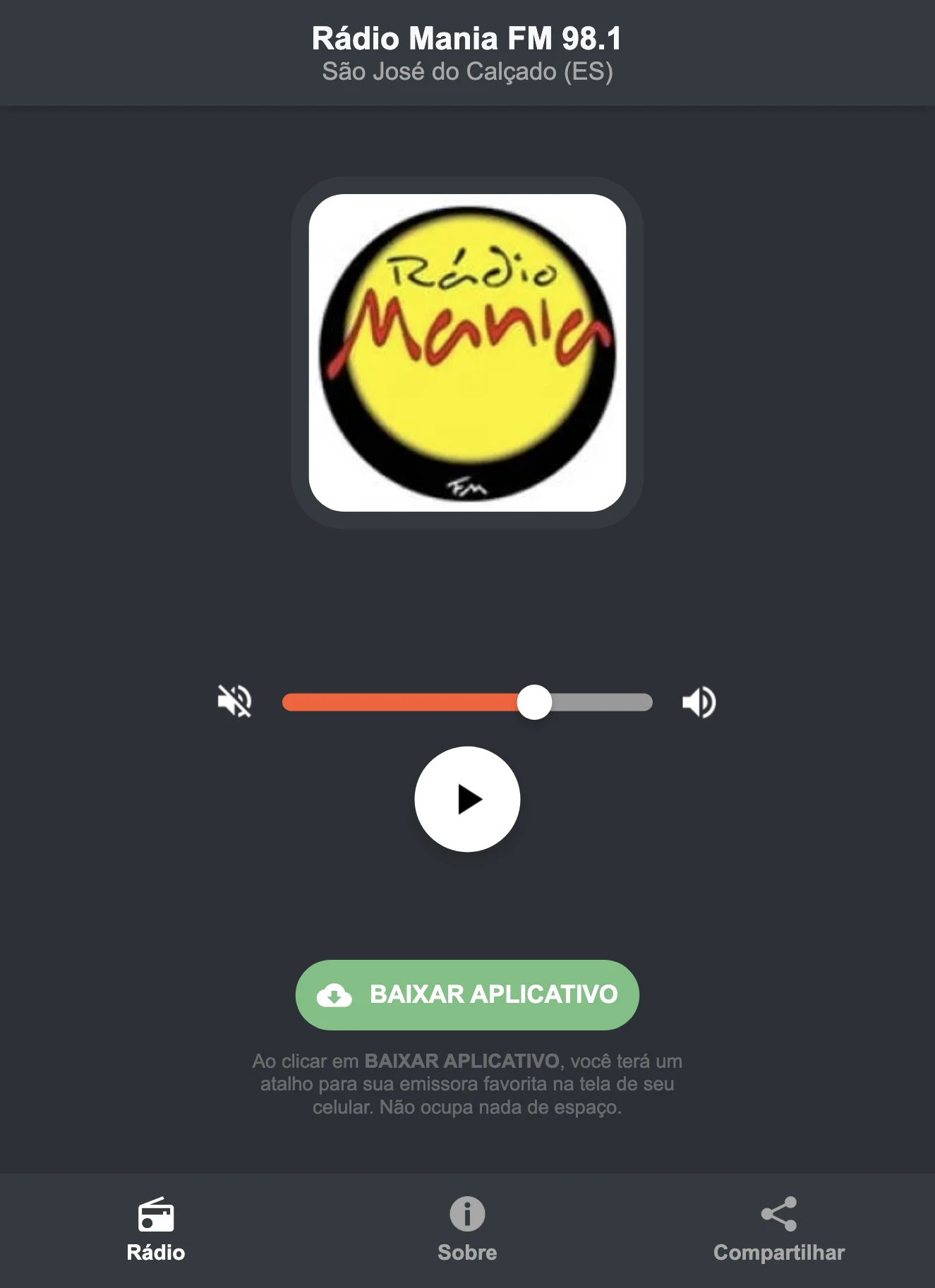 Screenshot do aplicativo da Rádio Mania FM 98.1