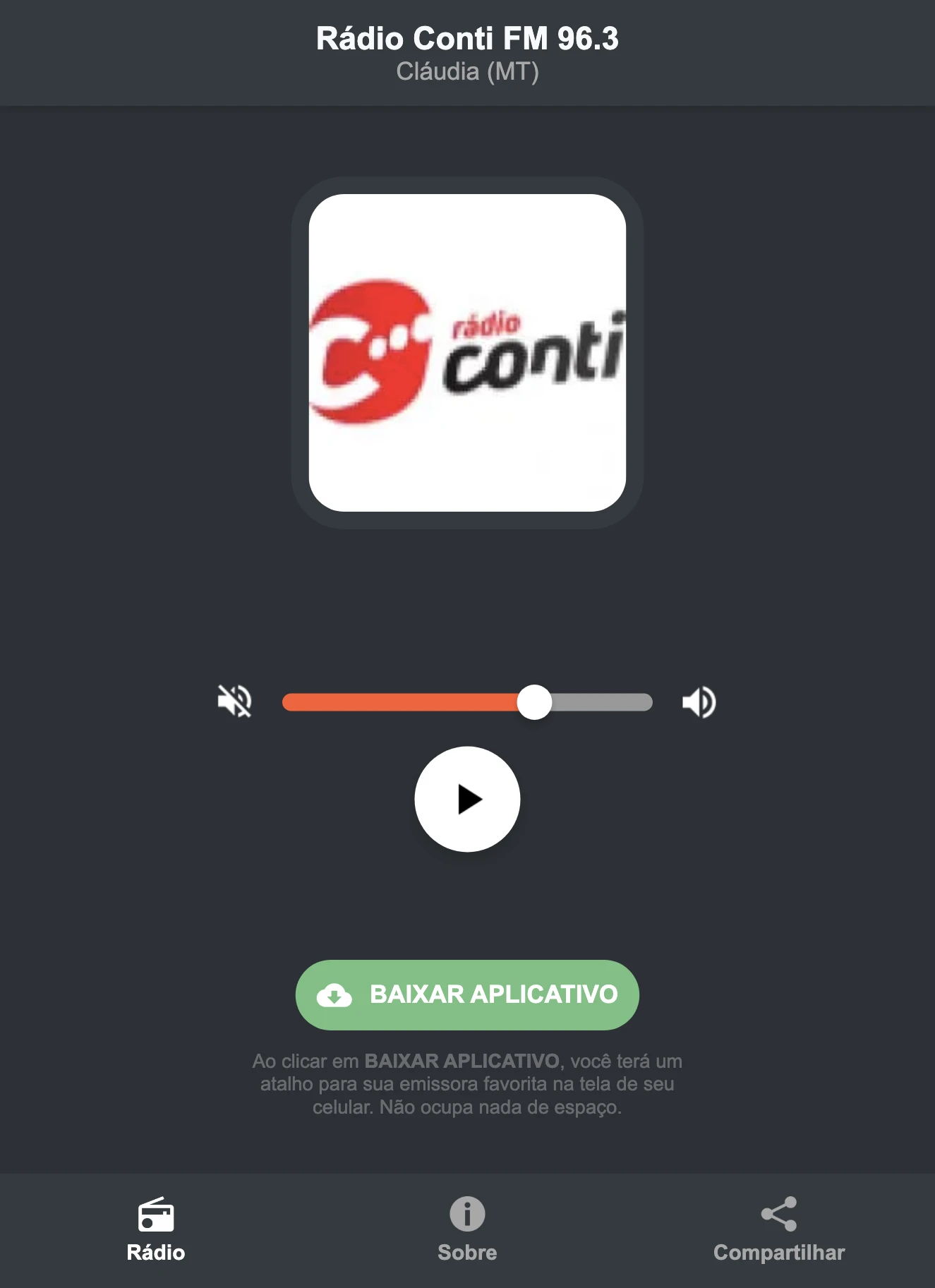 Screenshot do aplicativo da Rádio Conti FM 96.3