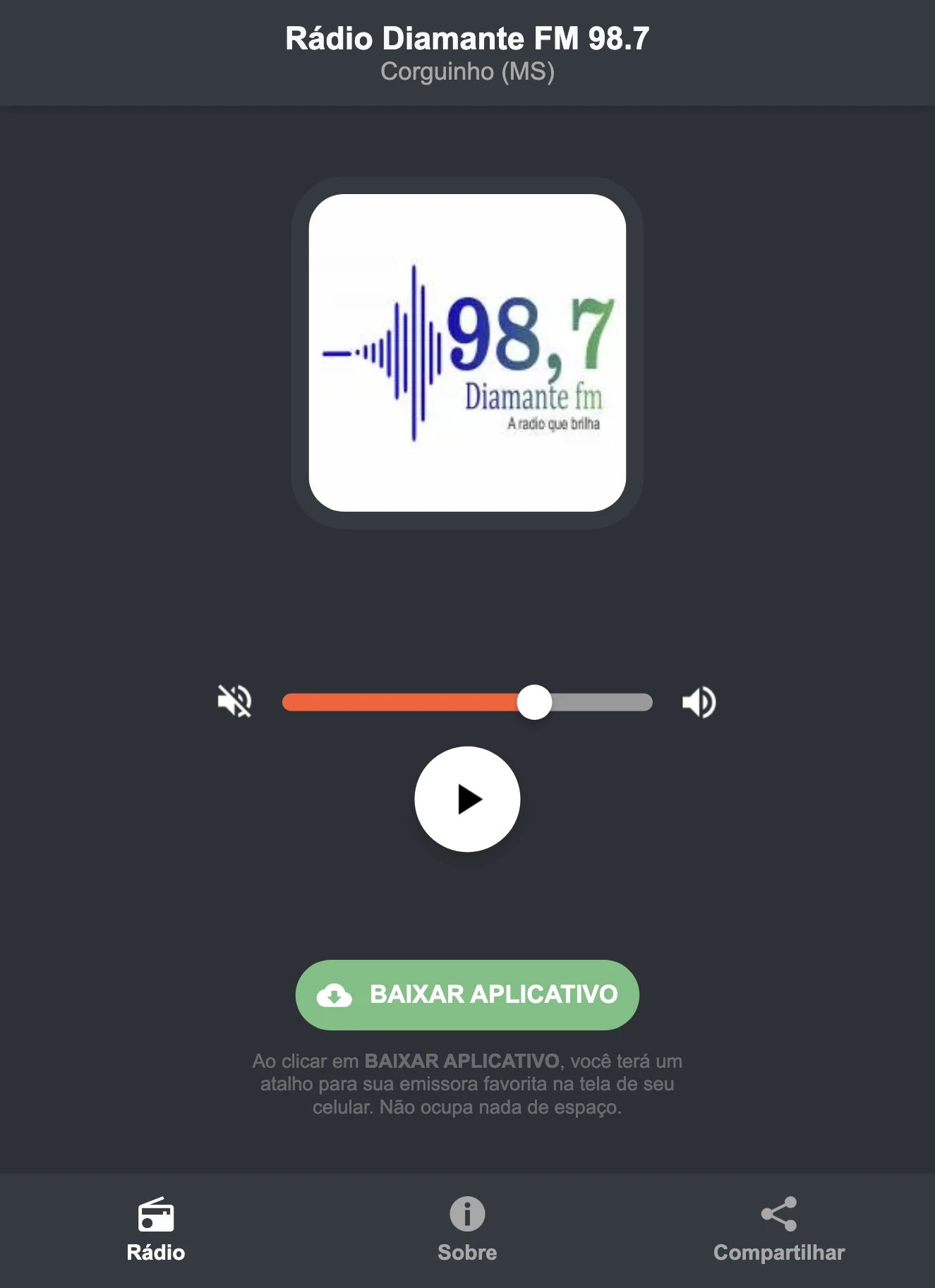 Screenshot do aplicativo da Rádio Diamante FM 98.7