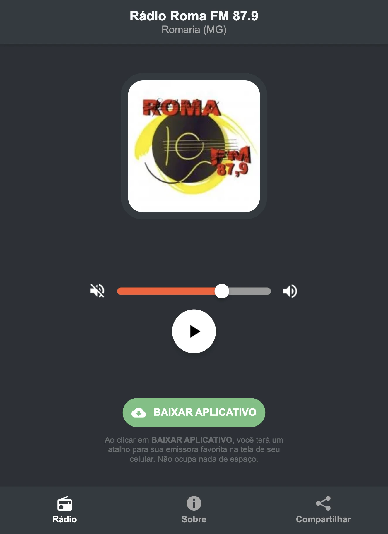 Screenshot do aplicativo da Rádio Roma FM 87.9