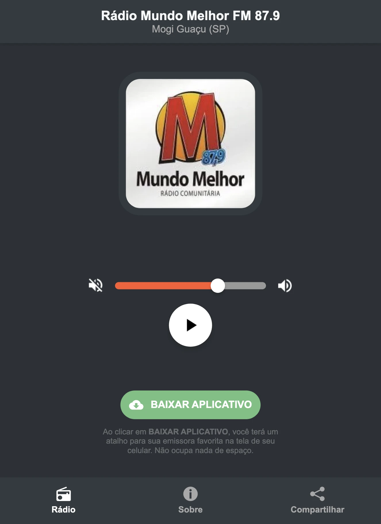 Screenshot do aplicativo da Rádio Mundo Melhor FM 87.9