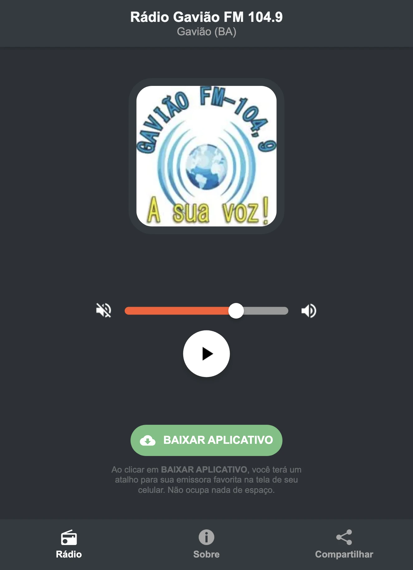 Screenshot do aplicativo da Rádio Gavião FM 104.9