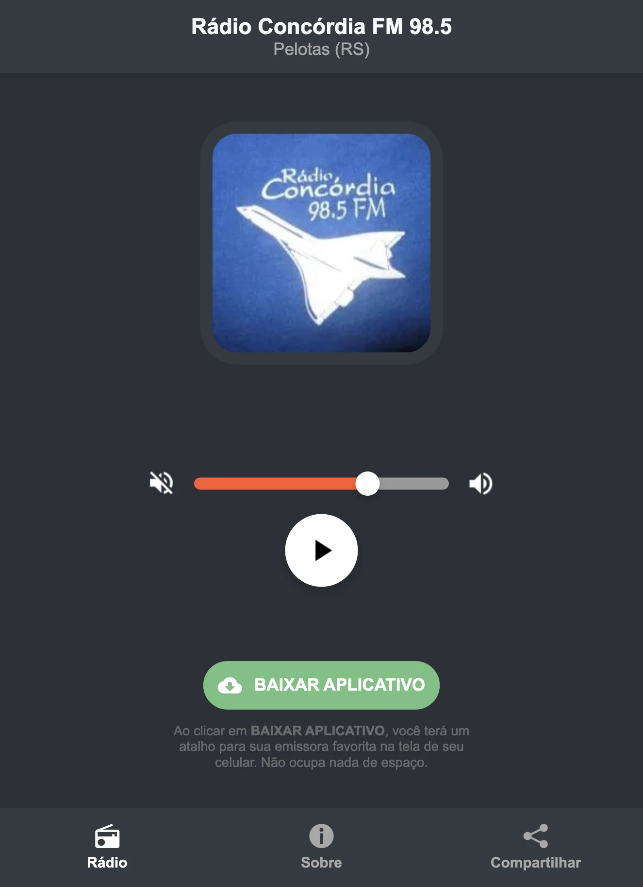 Screenshot do aplicativo da Rádio Concórdia FM 98.5