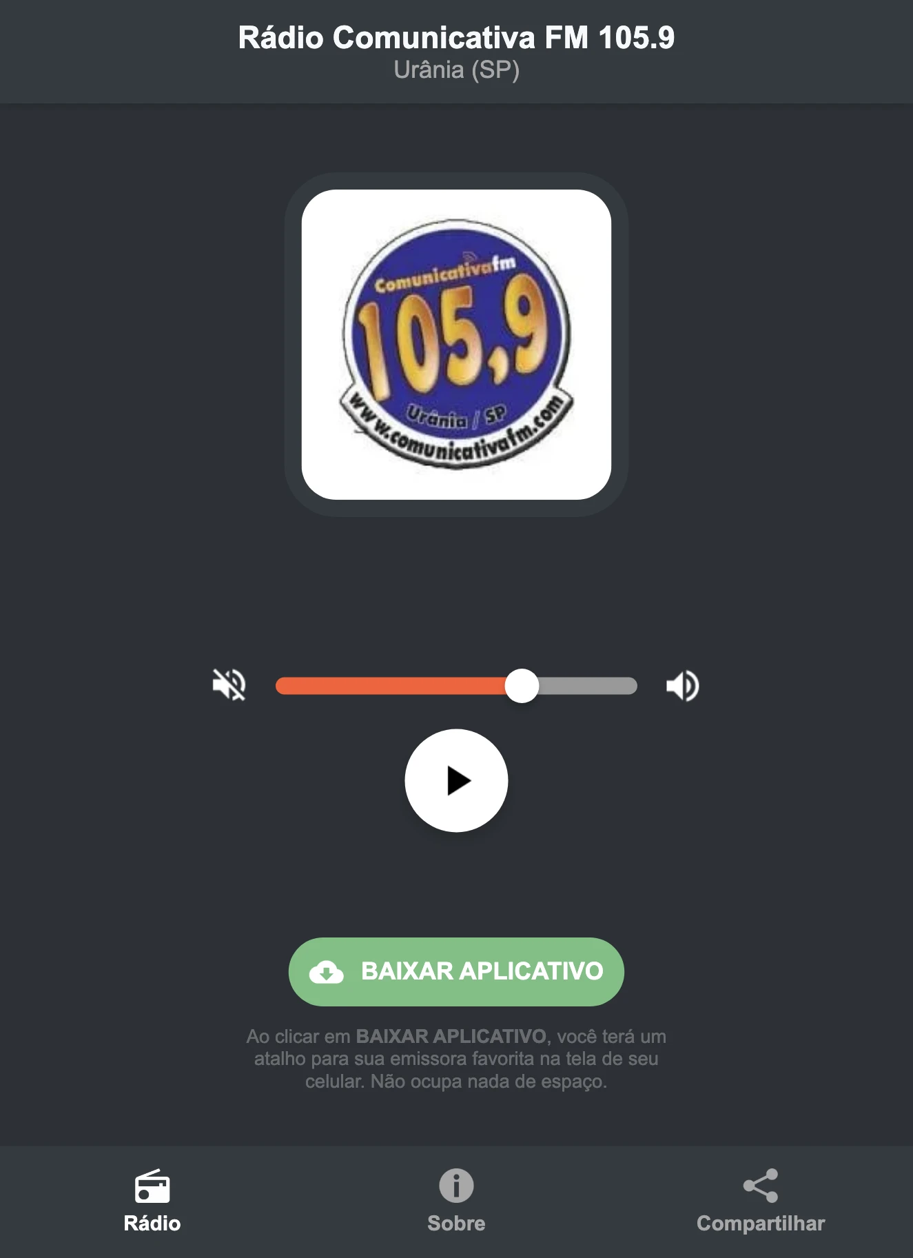 Screenshot do aplicativo da Rádio Comunicativa FM 105.9