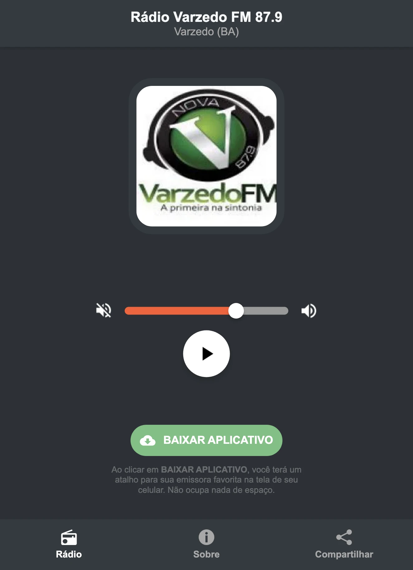 Screenshot do aplicativo da Rádio Varzedo FM 87.9
