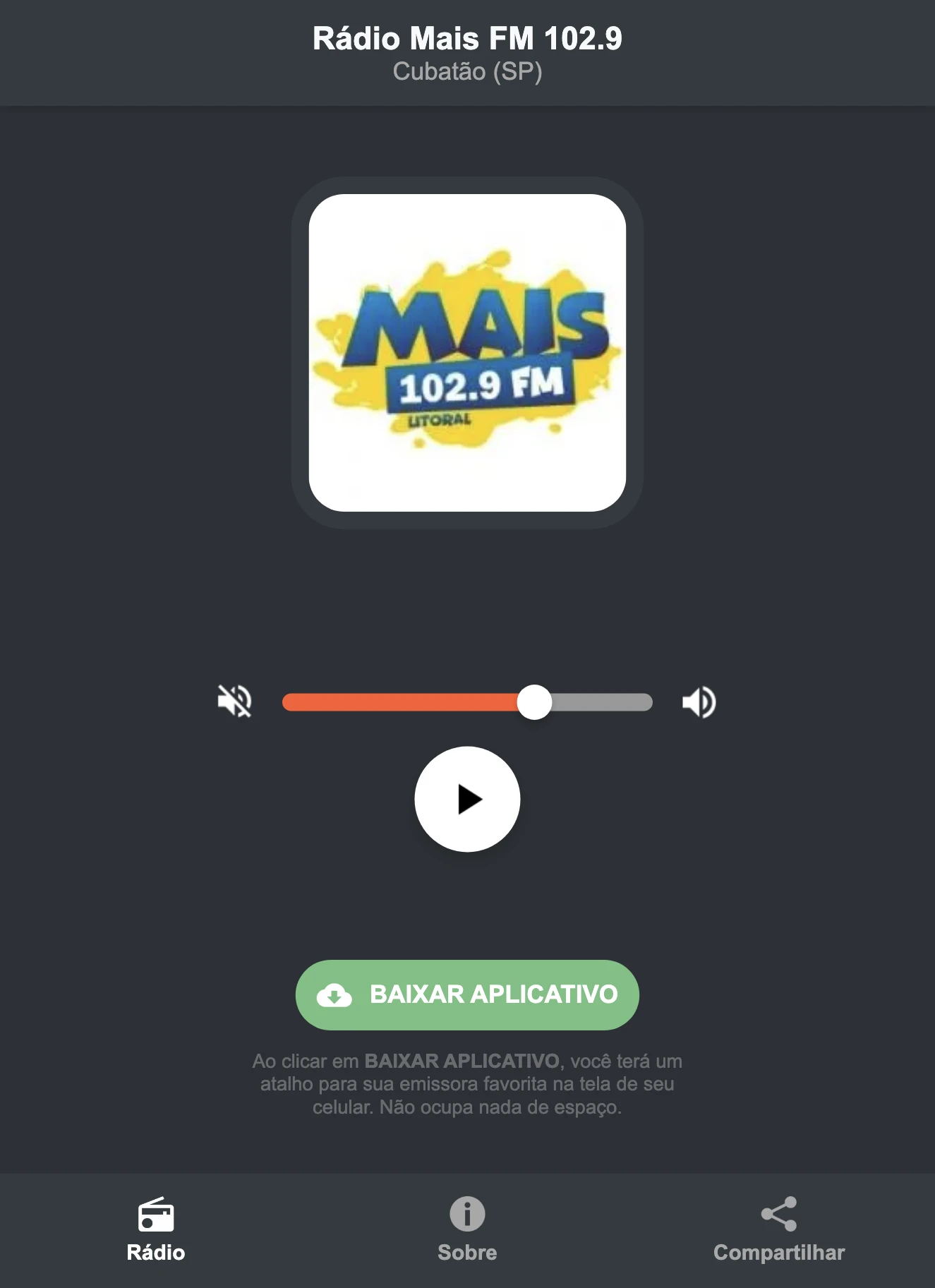 Screenshot do aplicativo da Rádio Mais FM 102.9