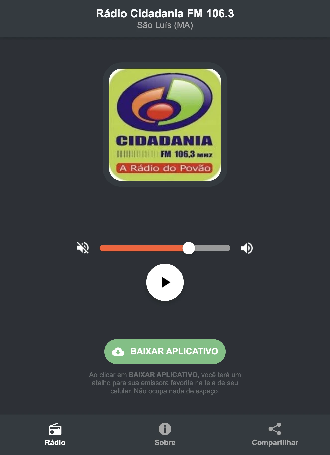 Screenshot do aplicativo da Rádio Cidadania FM 106.3