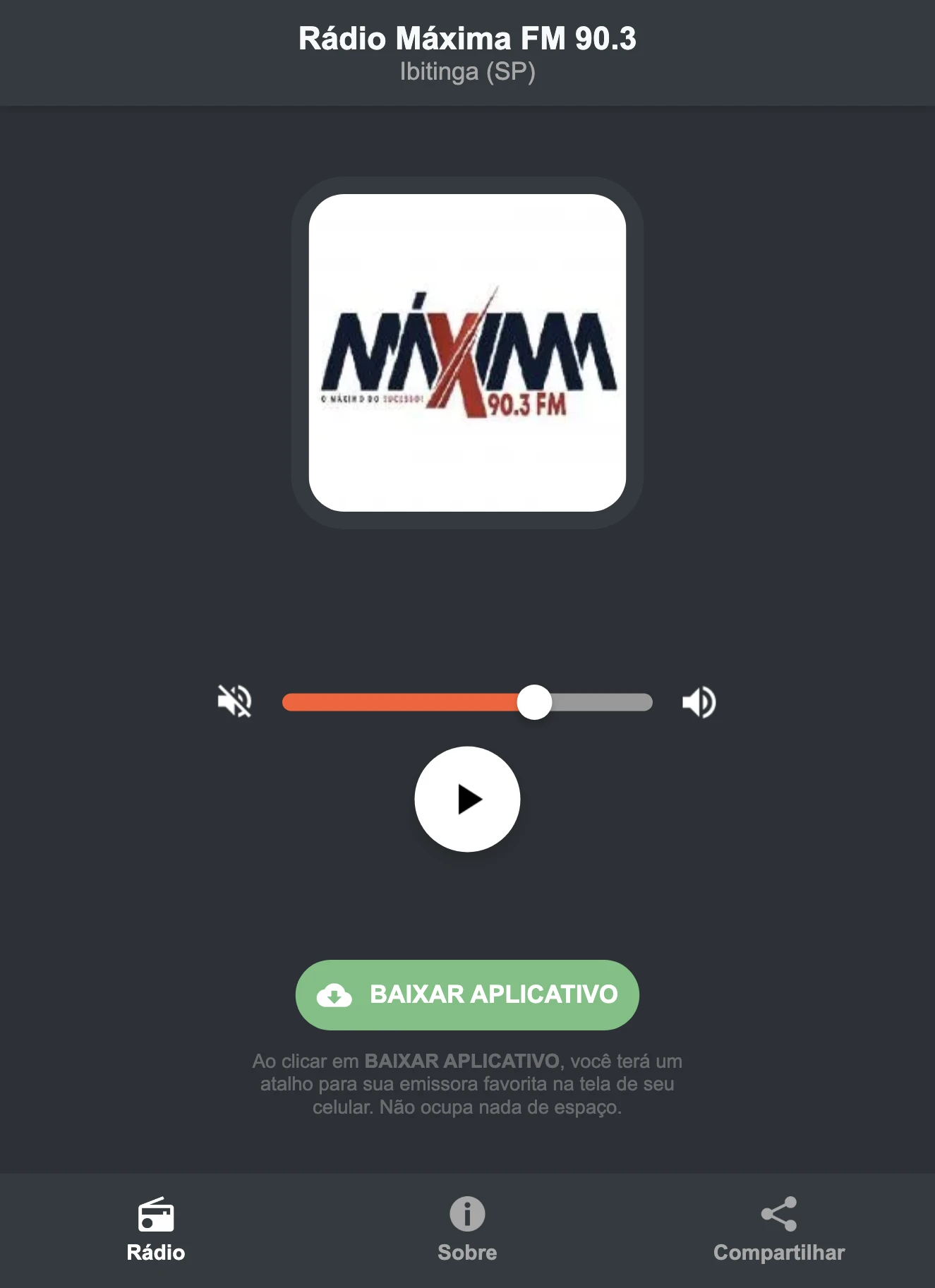 Screenshot do aplicativo da Rádio Máxima FM 90.3
