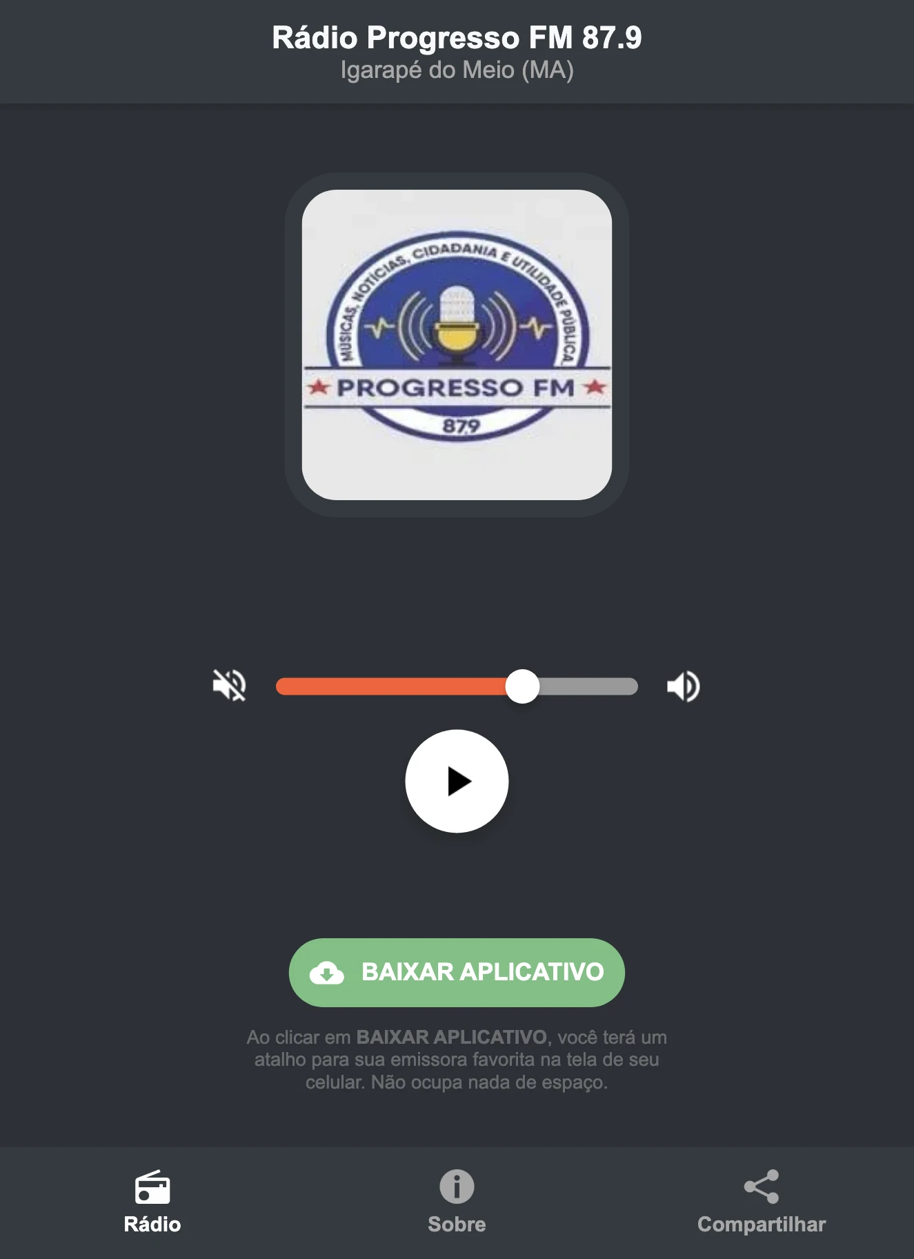 Screenshot do aplicativo da Rádio Progresso FM 87.9