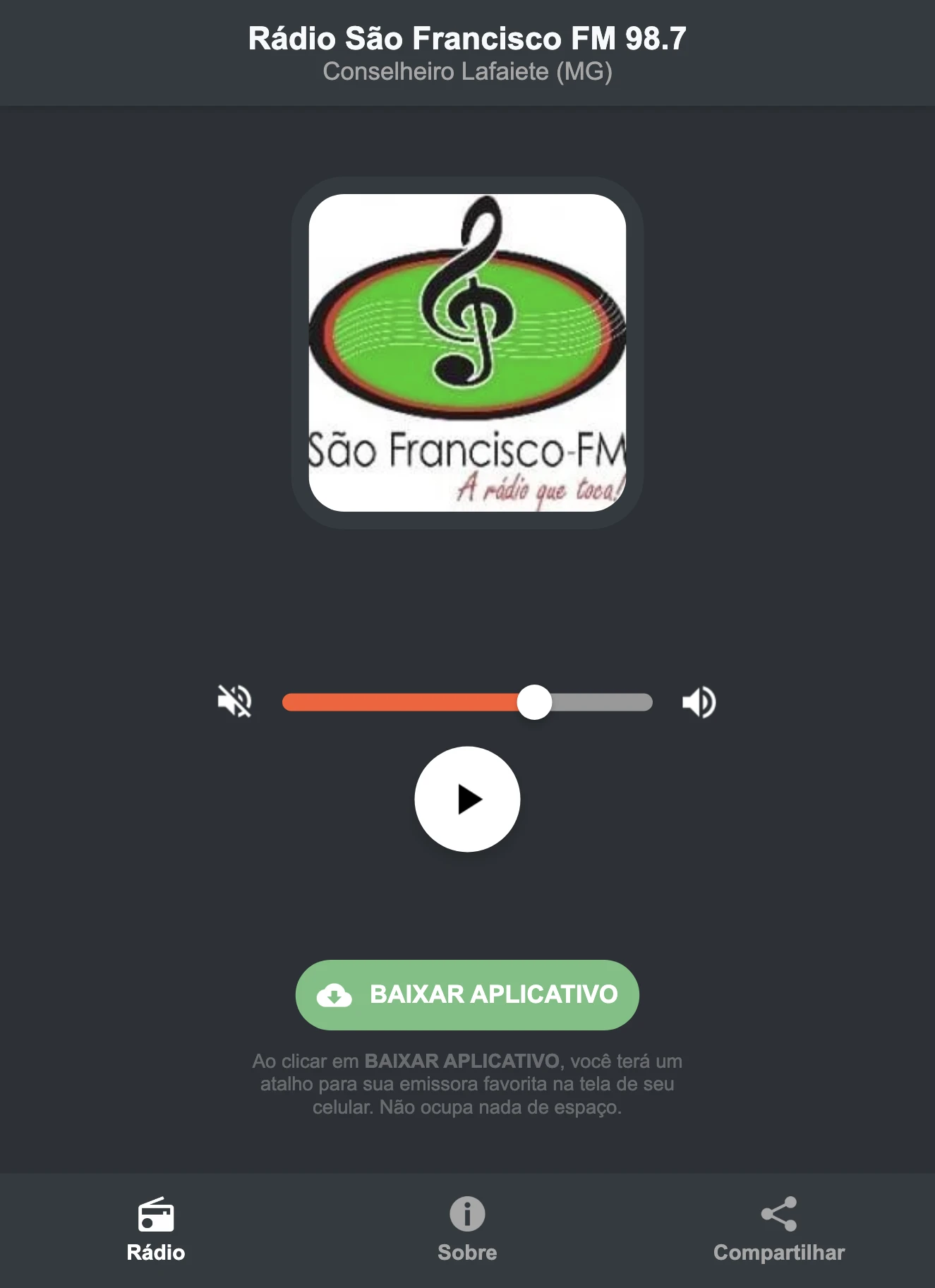 Screenshot do aplicativo da Rádio São Francisco FM 98.7