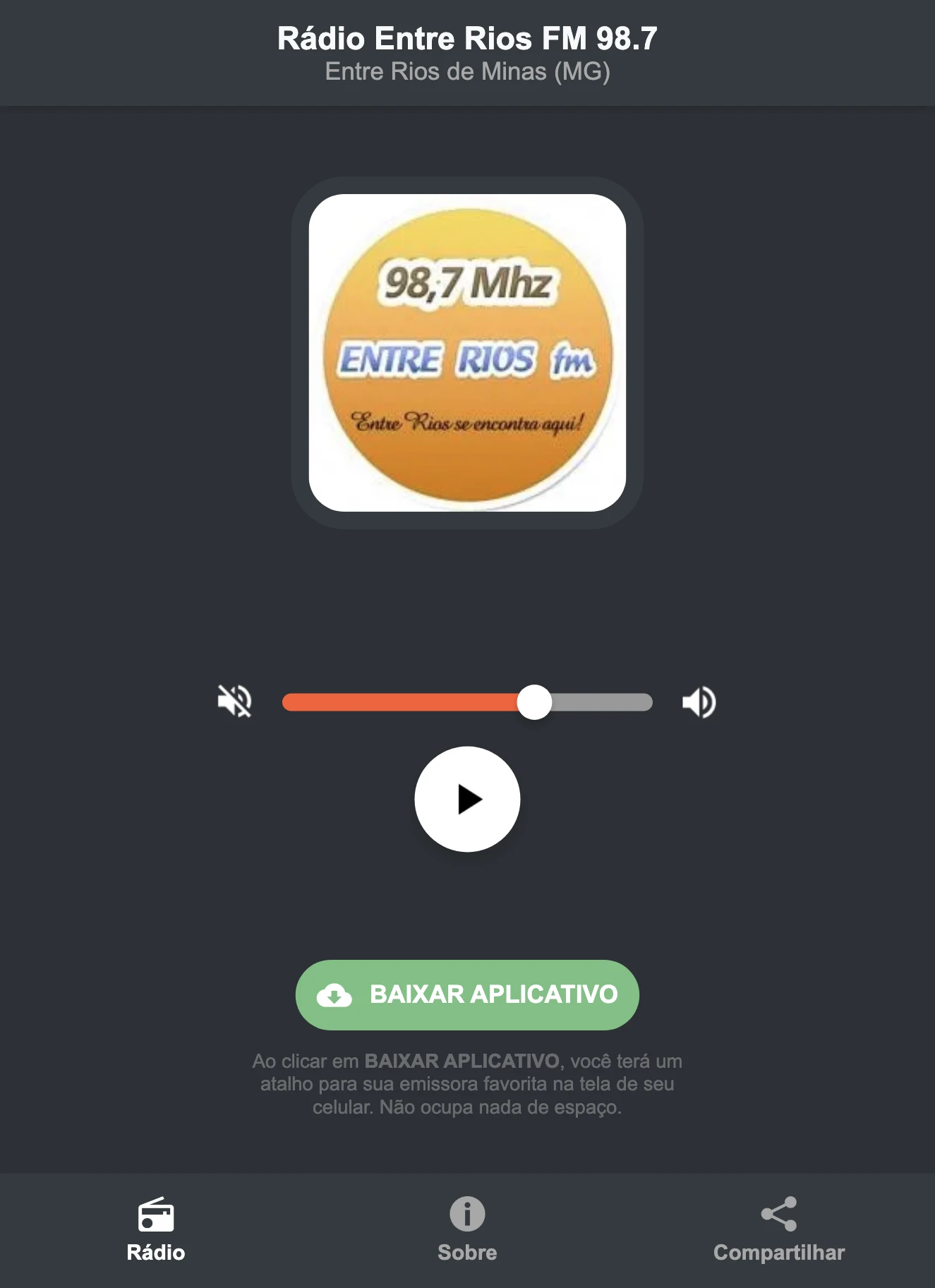 Screenshot do aplicativo da Rádio Entre Rios FM 98.7