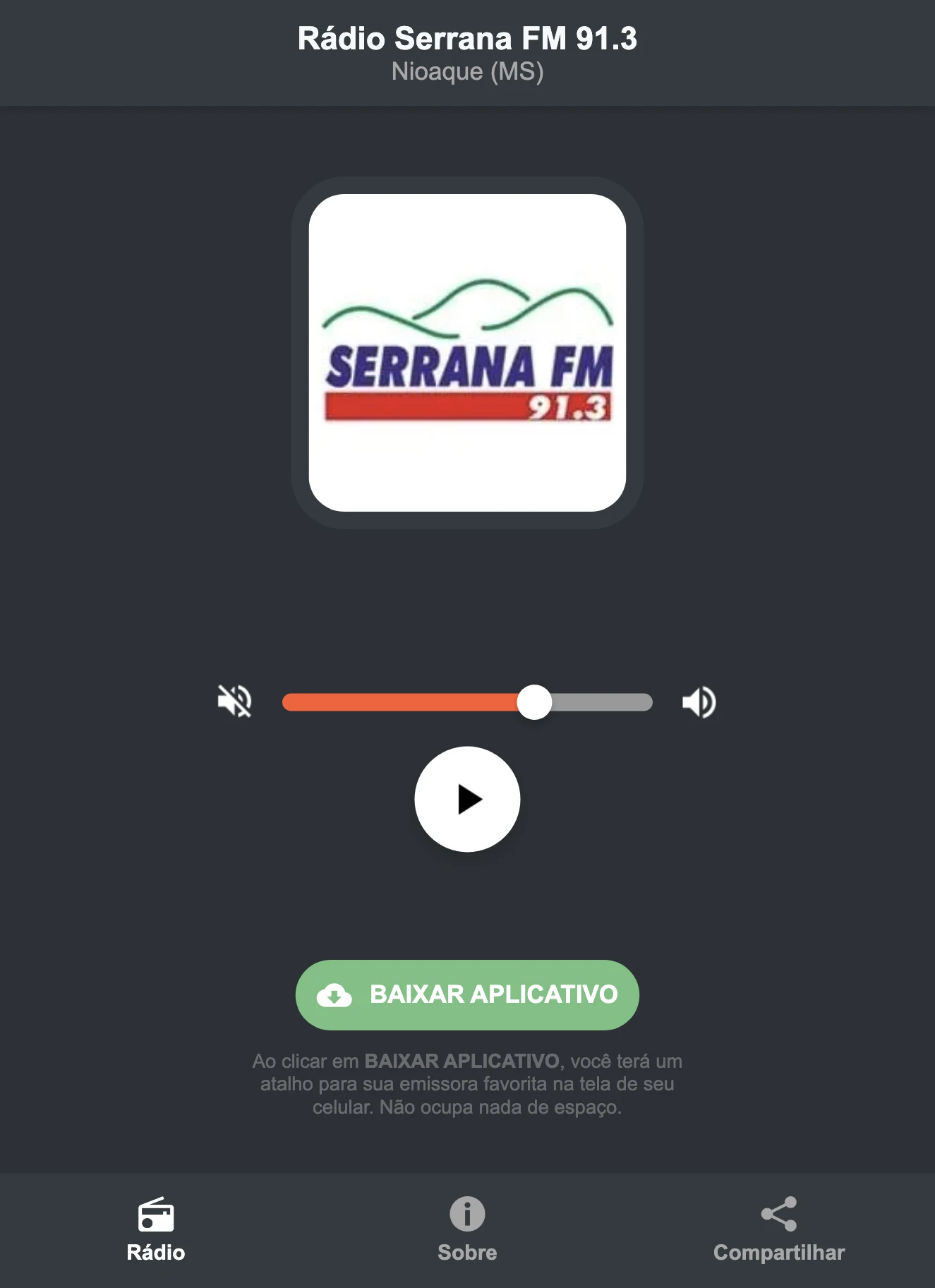 Screenshot do aplicativo da Rádio Serrana FM 91.3