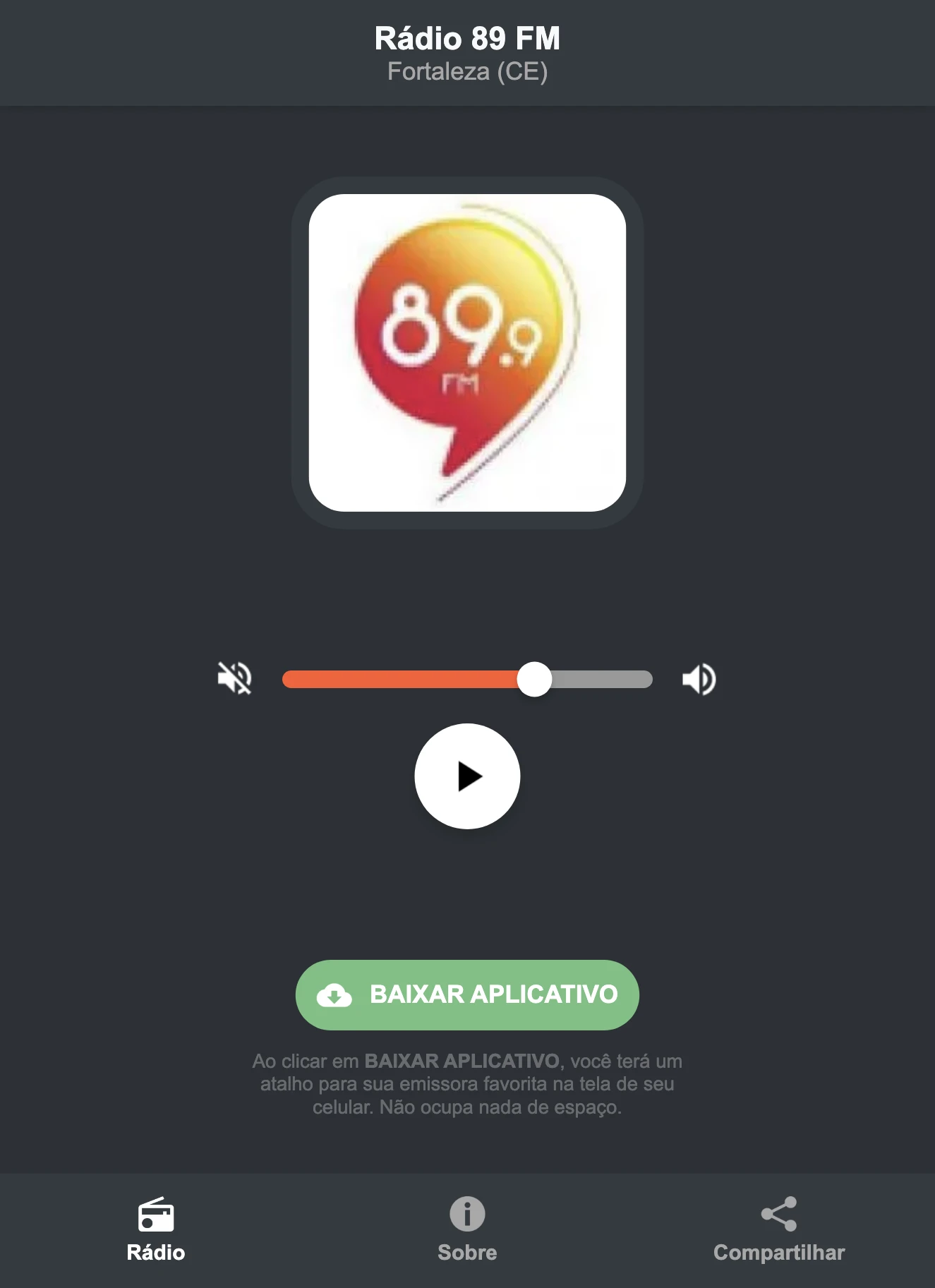 Screenshot do aplicativo da Rádio 89 FM