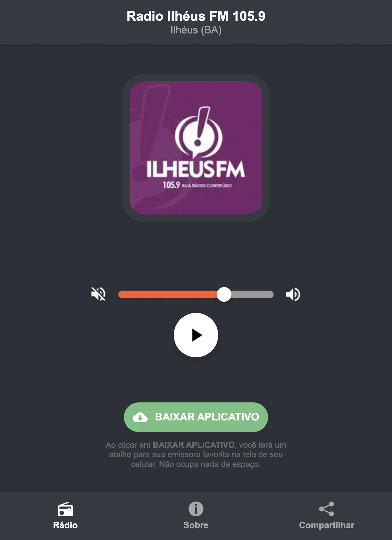 Screenshot do aplicativo da Radio Ilhéus FM 105.9