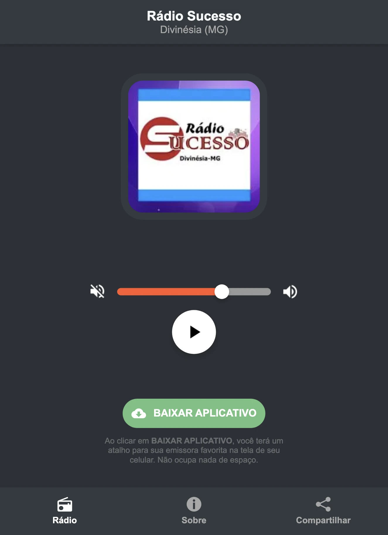 Screenshot do aplicativo da Rádio Sucesso