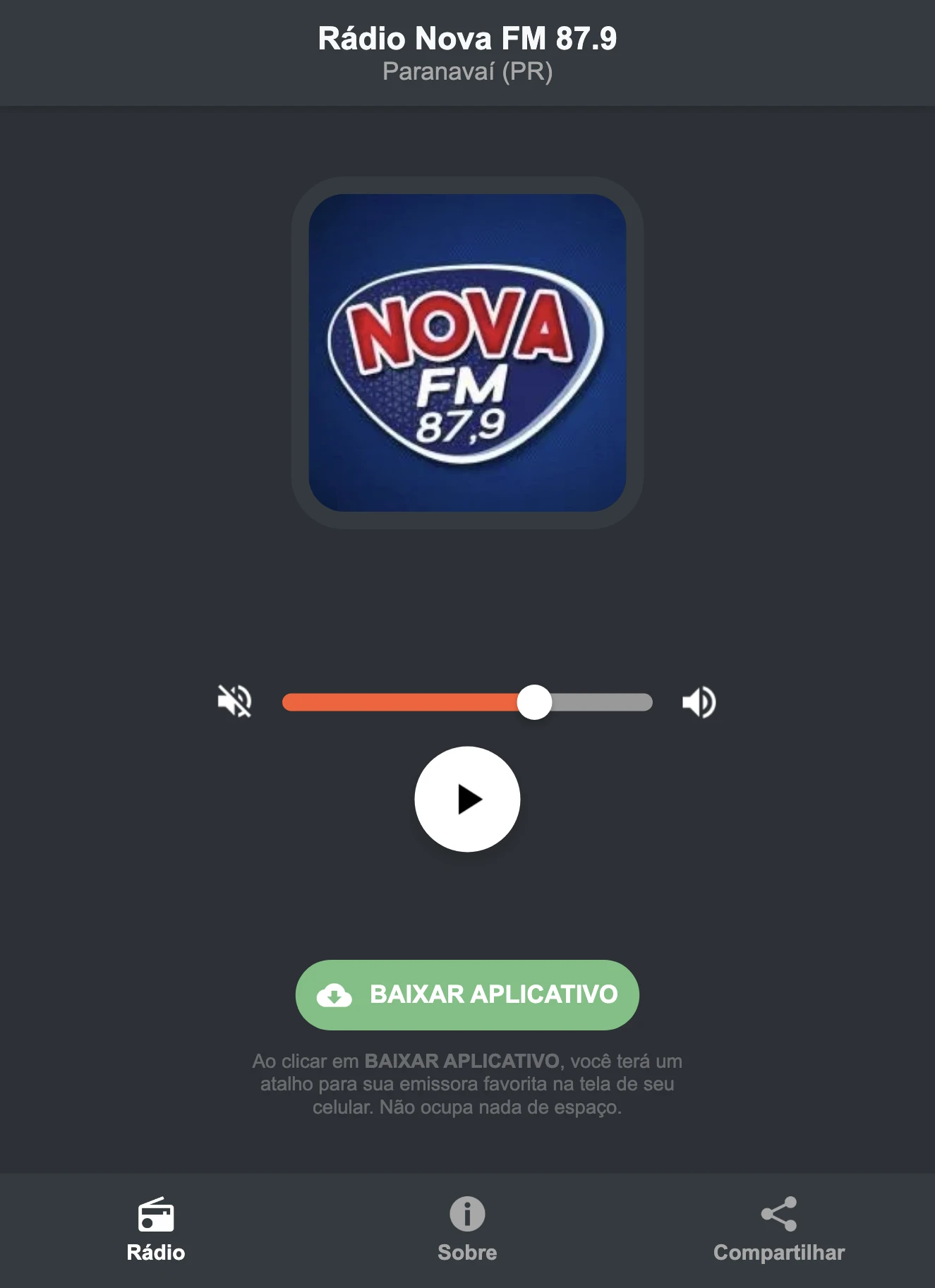 Screenshot do aplicativo da Rádio Nova FM 87.9