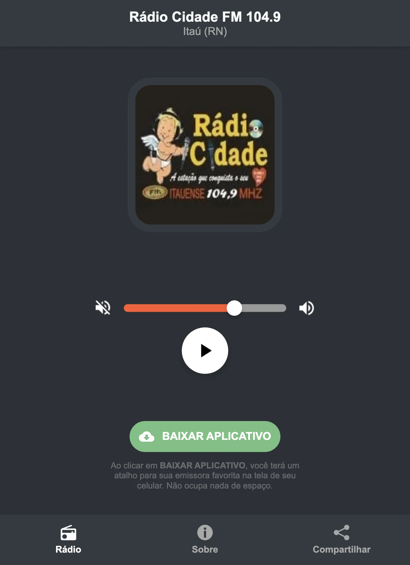 Screenshot do aplicativo da Rádio Cidade FM 104.9