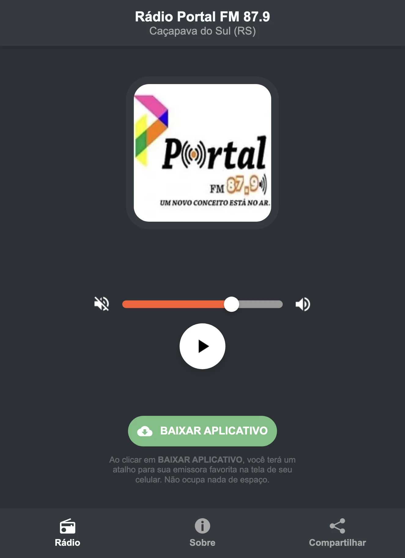 Screenshot do aplicativo da Rádio Portal FM 87.9