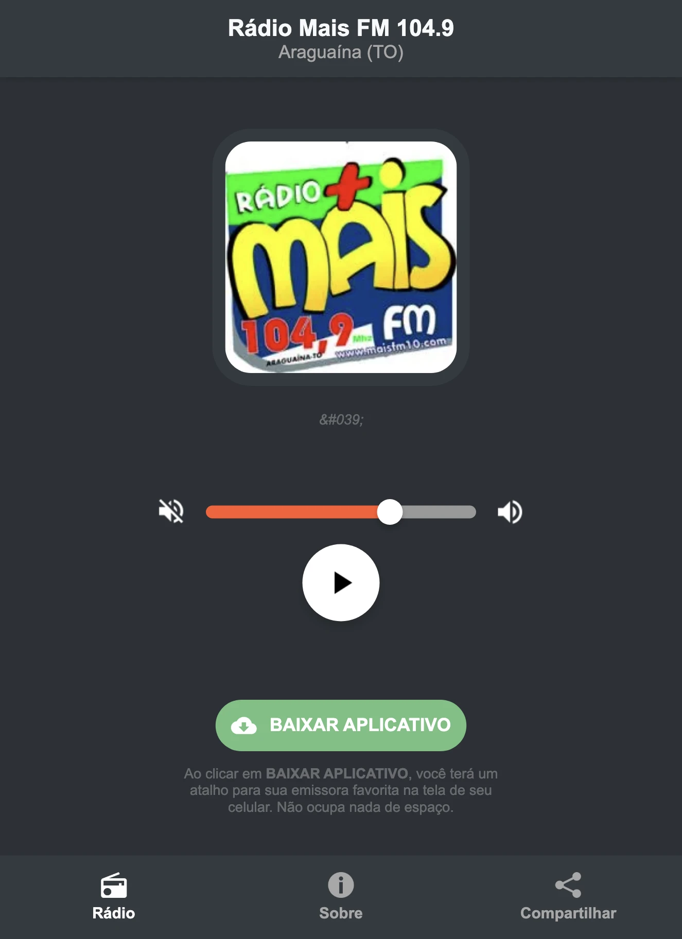 Screenshot do aplicativo da Rádio Mais FM 104.9