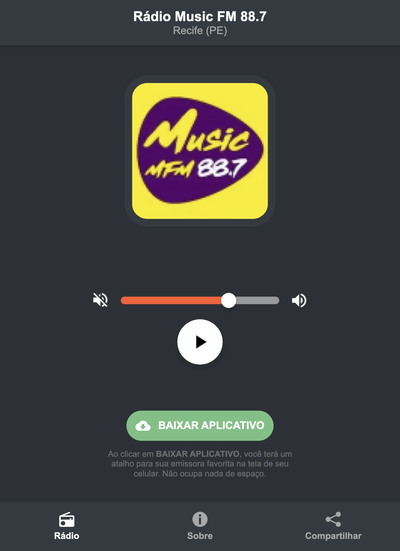 Screenshot do aplicativo da Rádio Music FM 88.7