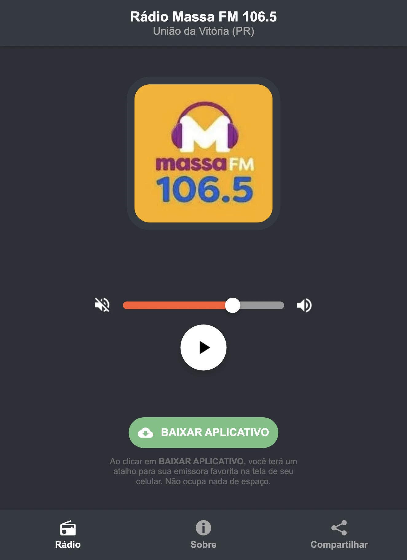 Screenshot do aplicativo da Rádio Massa FM 106.5