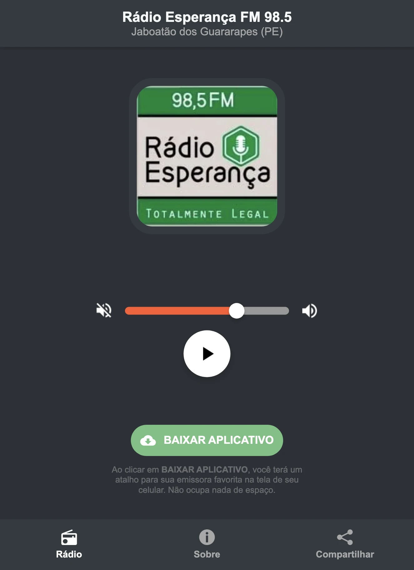 Screenshot do aplicativo da Rádio Esperança FM 98.5