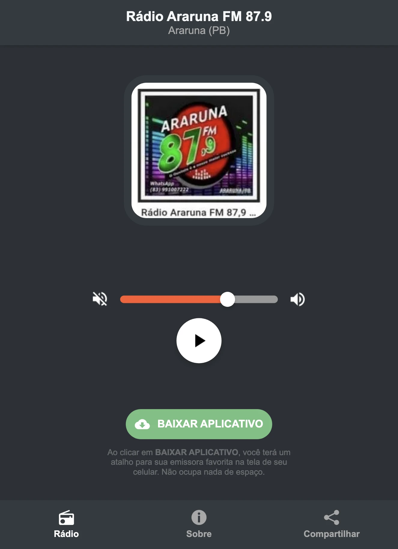Screenshot do aplicativo da Rádio Araruna FM 87.9