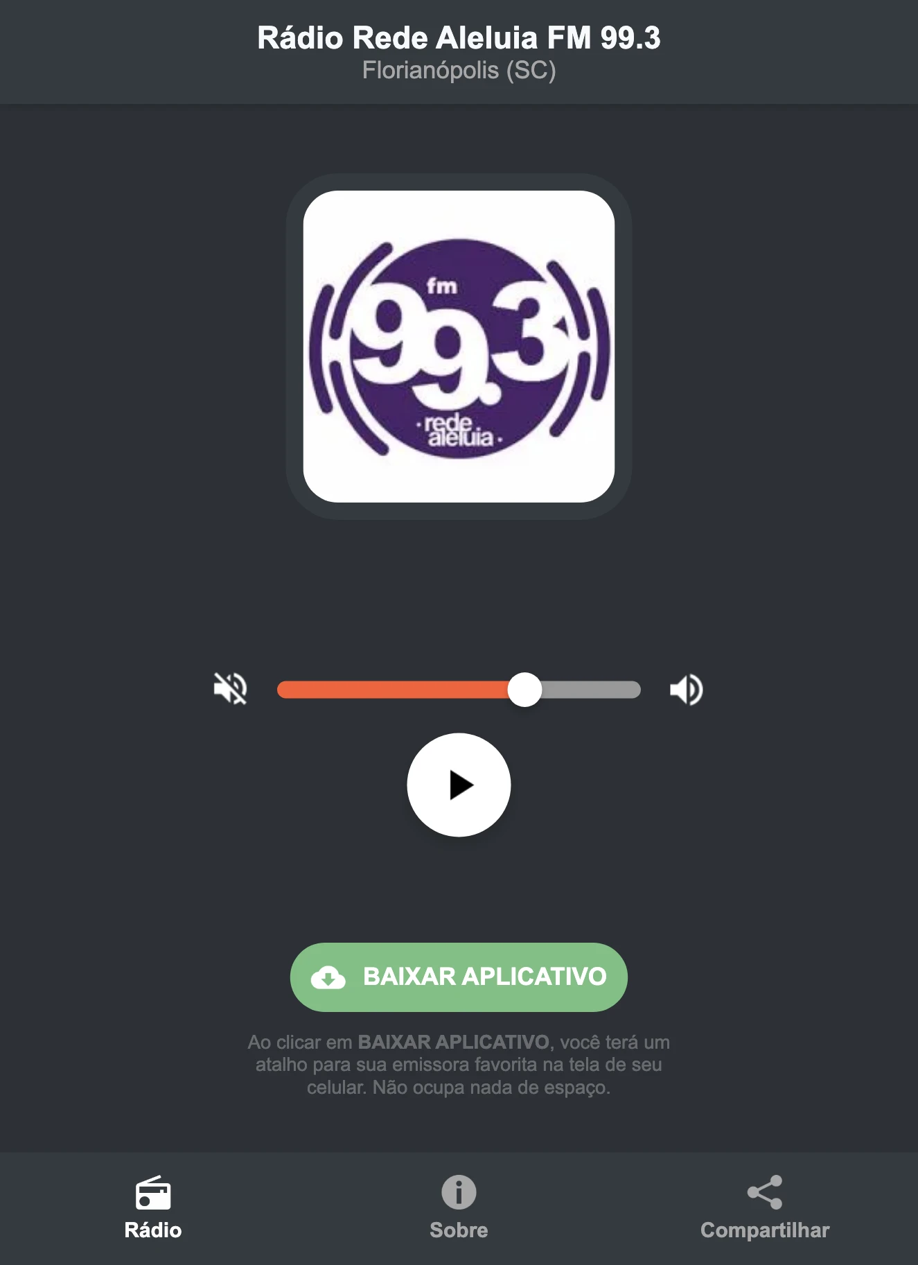 Screenshot do aplicativo da Rádio Rede Aleluia FM 99.3