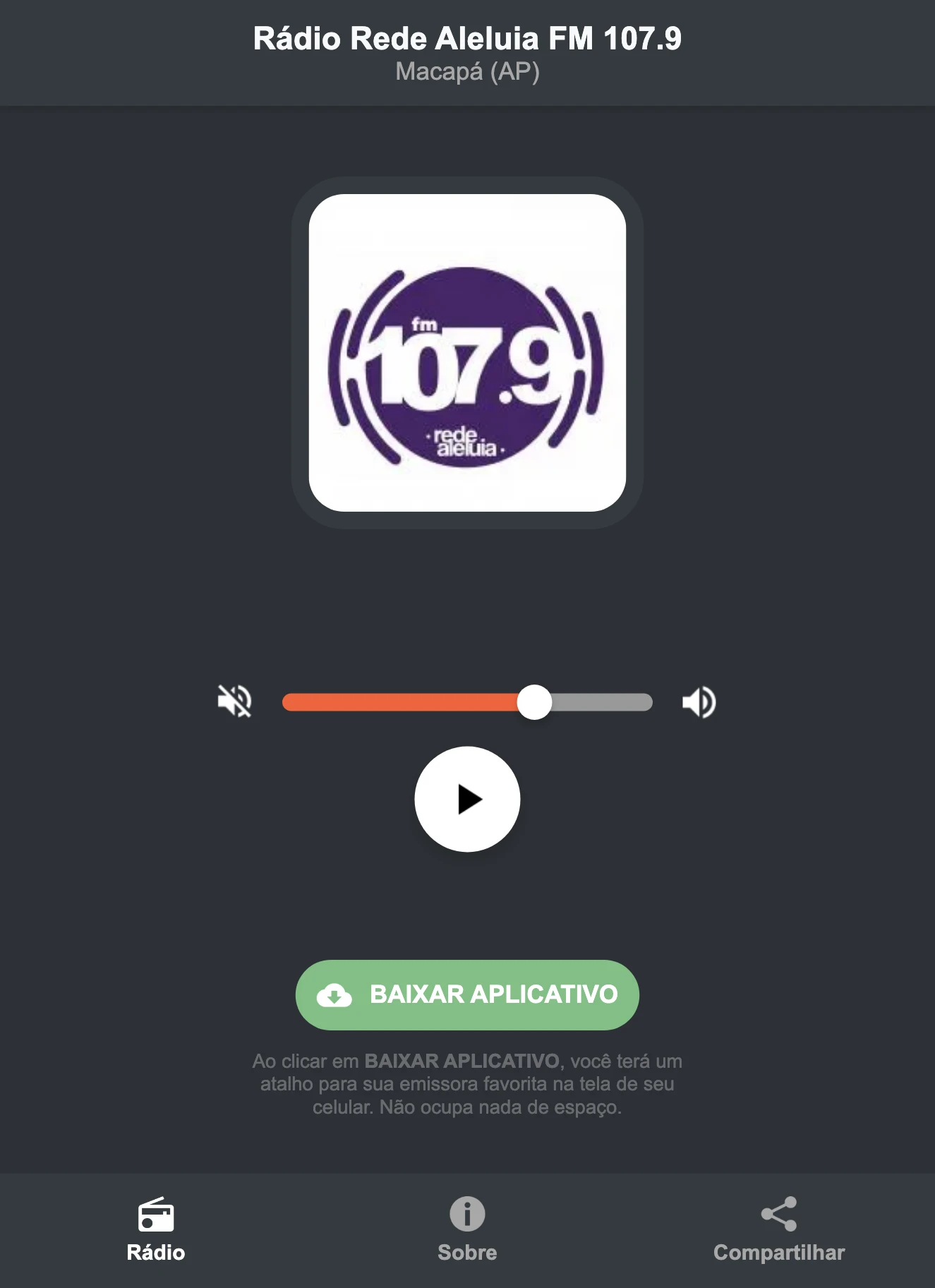 Screenshot do aplicativo da Rádio Rede Aleluia FM 107.9