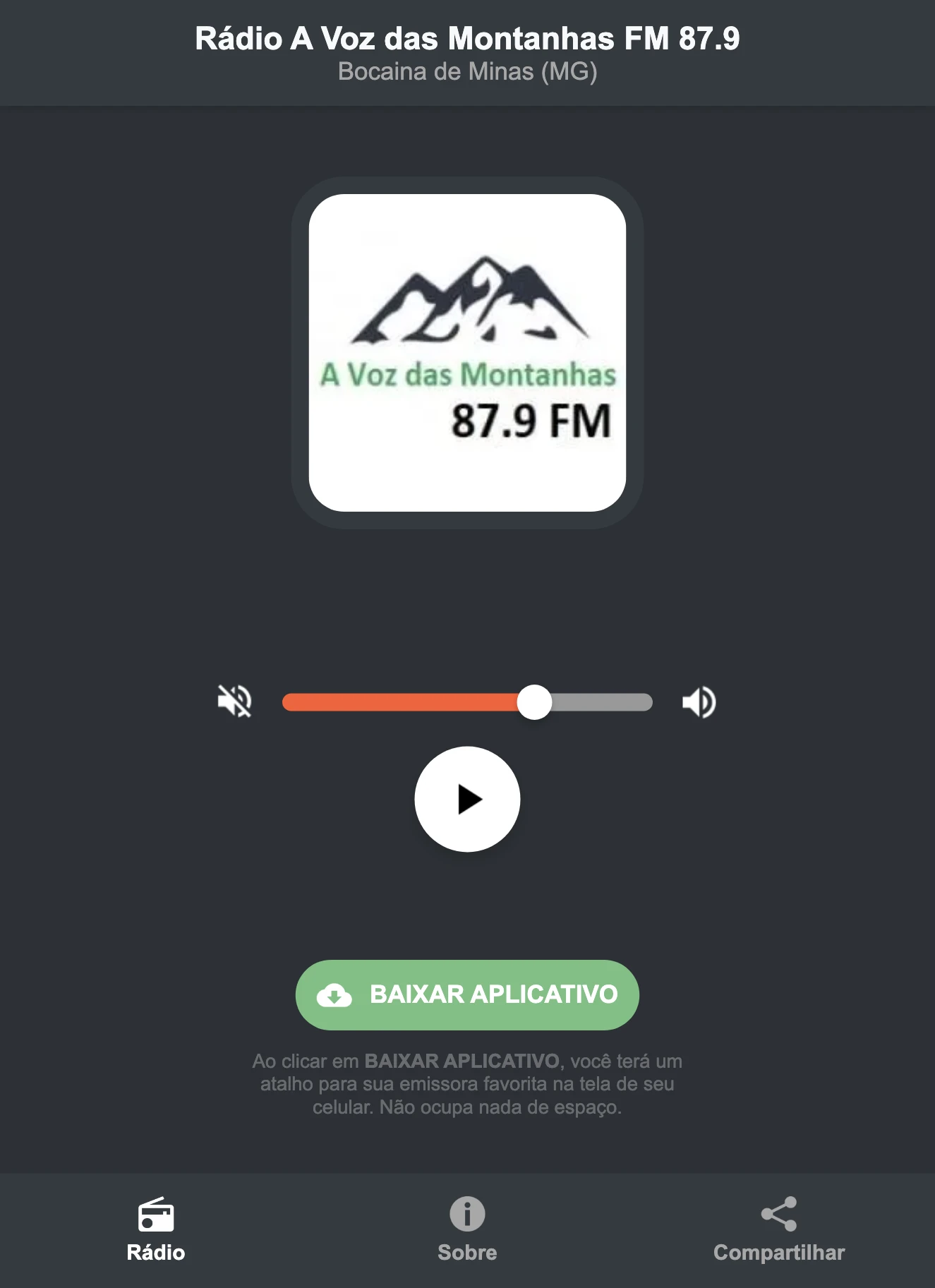 Screenshot do aplicativo da Rádio A Voz das Montanhas FM 87.9