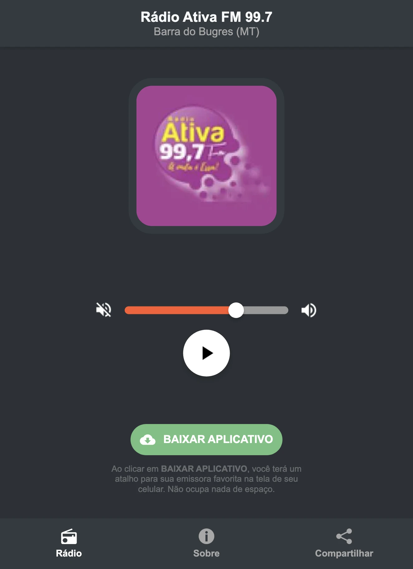 Screenshot do aplicativo da Rádio Ativa FM 99.7