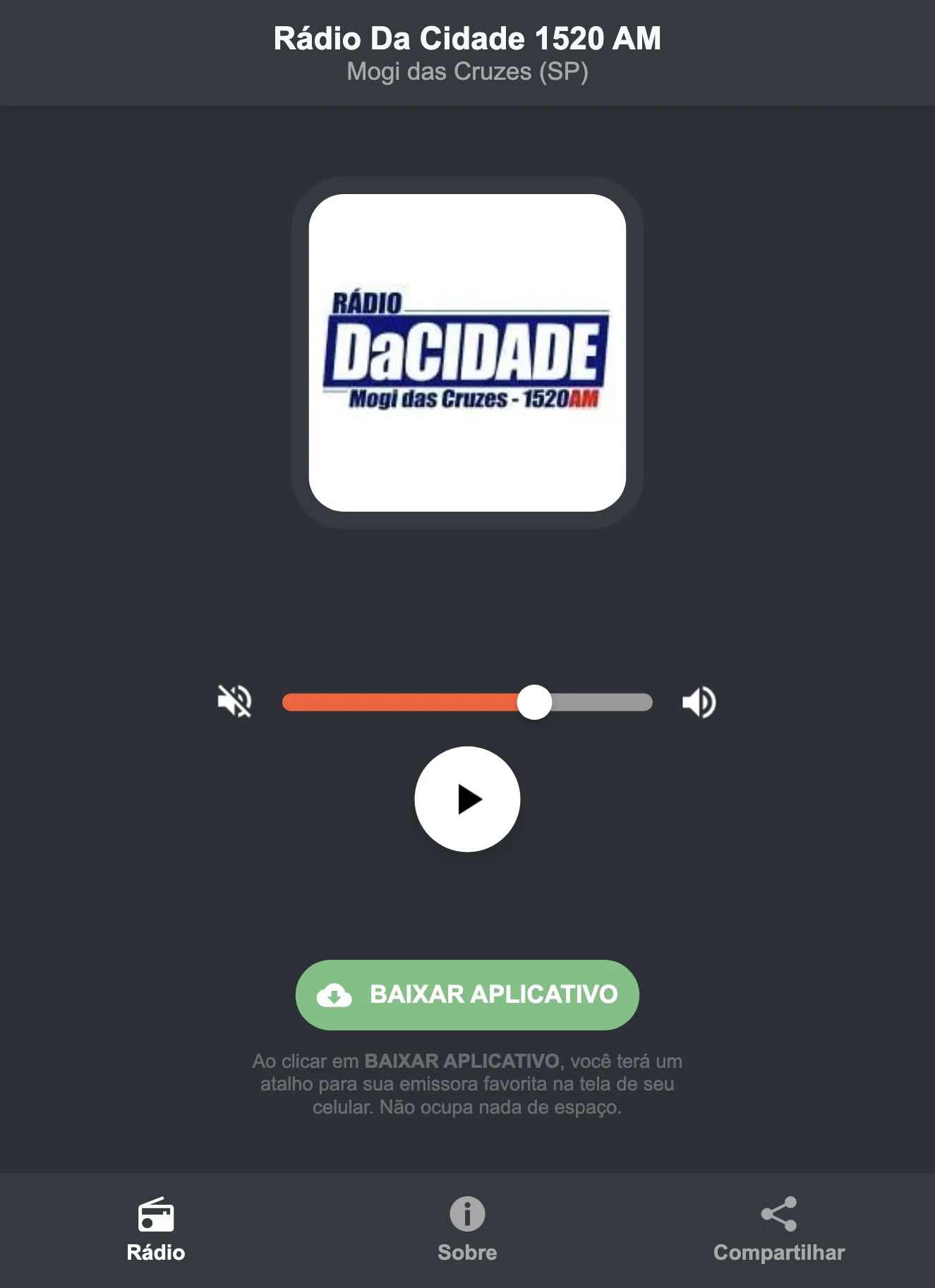 Screenshot do aplicativo da Rádio Da Cidade 1520 AM