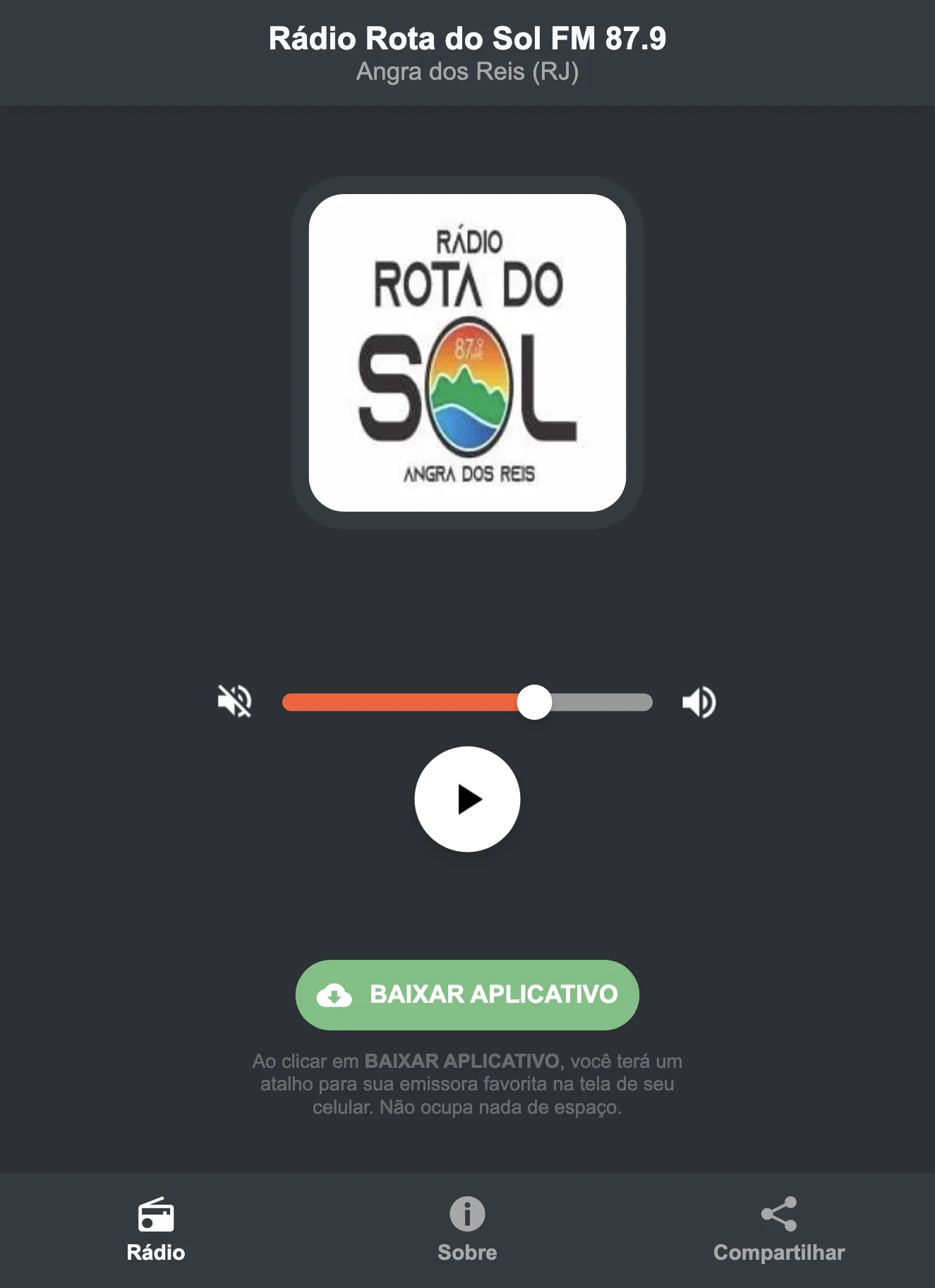 Screenshot do aplicativo da Rádio Rota do Sol FM 87.9