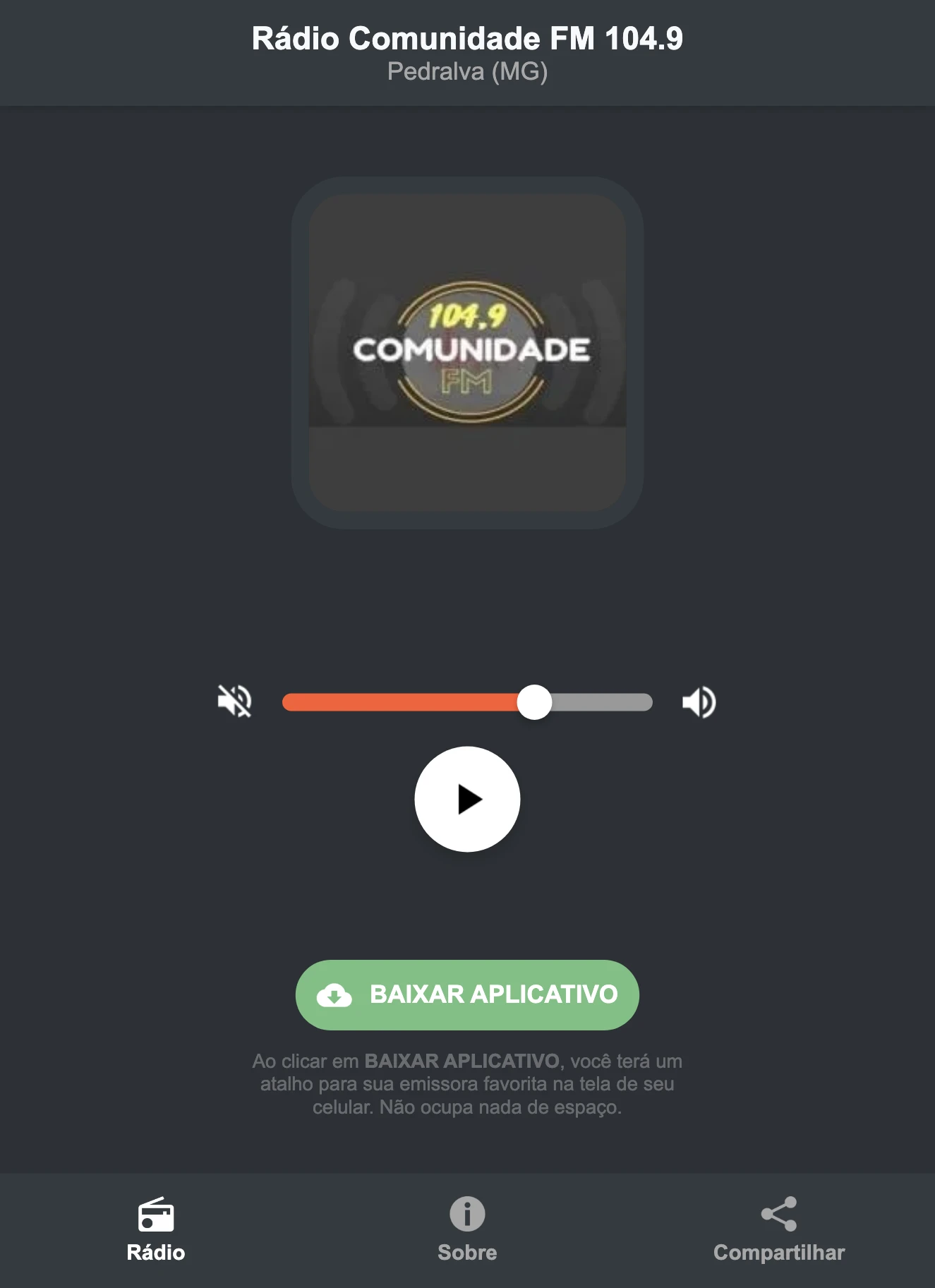 Screenshot do aplicativo da Rádio Comunidade FM 104.9