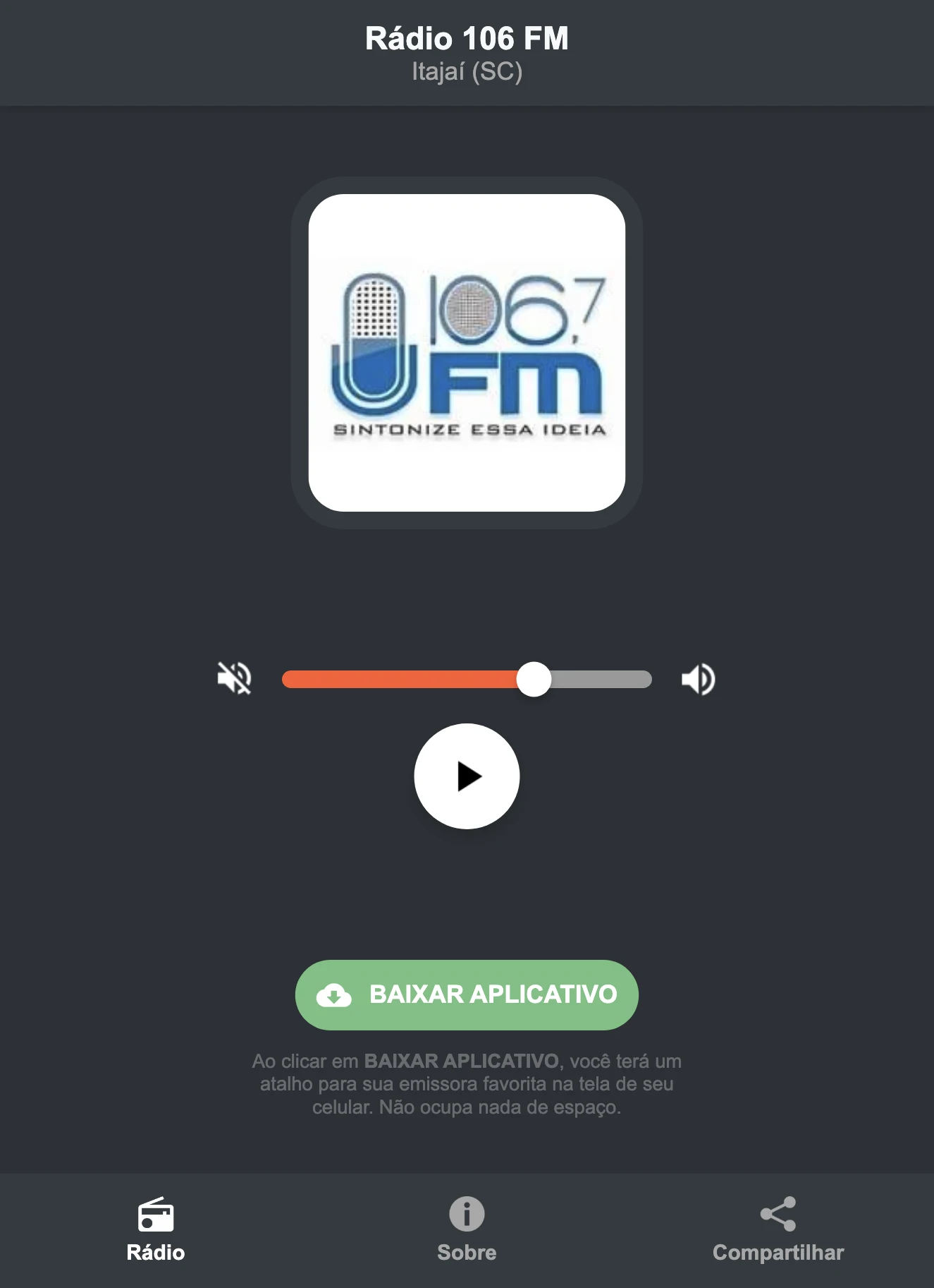 Screenshot do aplicativo da Rádio 106 FM
