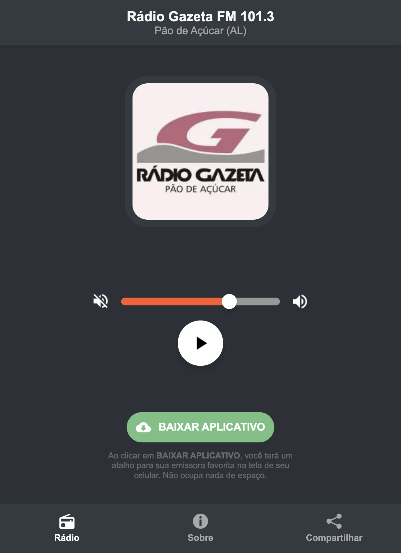 Screenshot do aplicativo da Rádio Gazeta FM 101.3