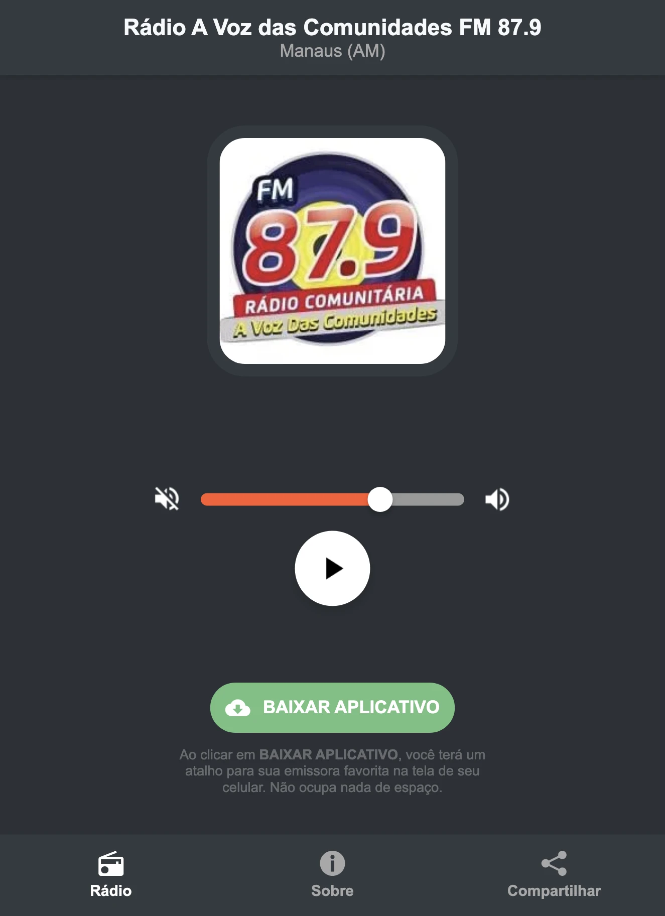 Screenshot do aplicativo da Rádio A Voz das Comunidades FM 87.9