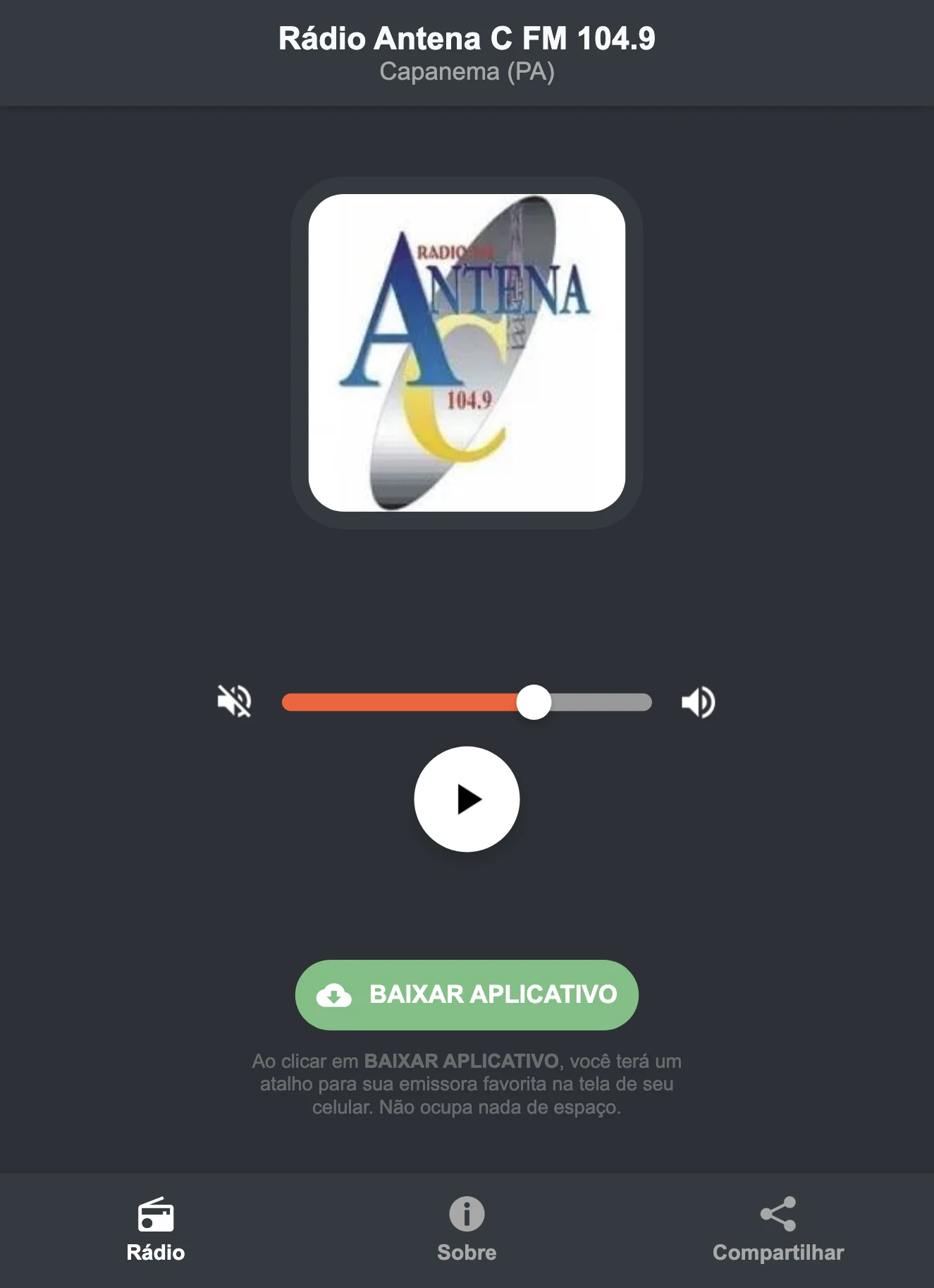 Screenshot do aplicativo da Rádio Antena C FM 104.9